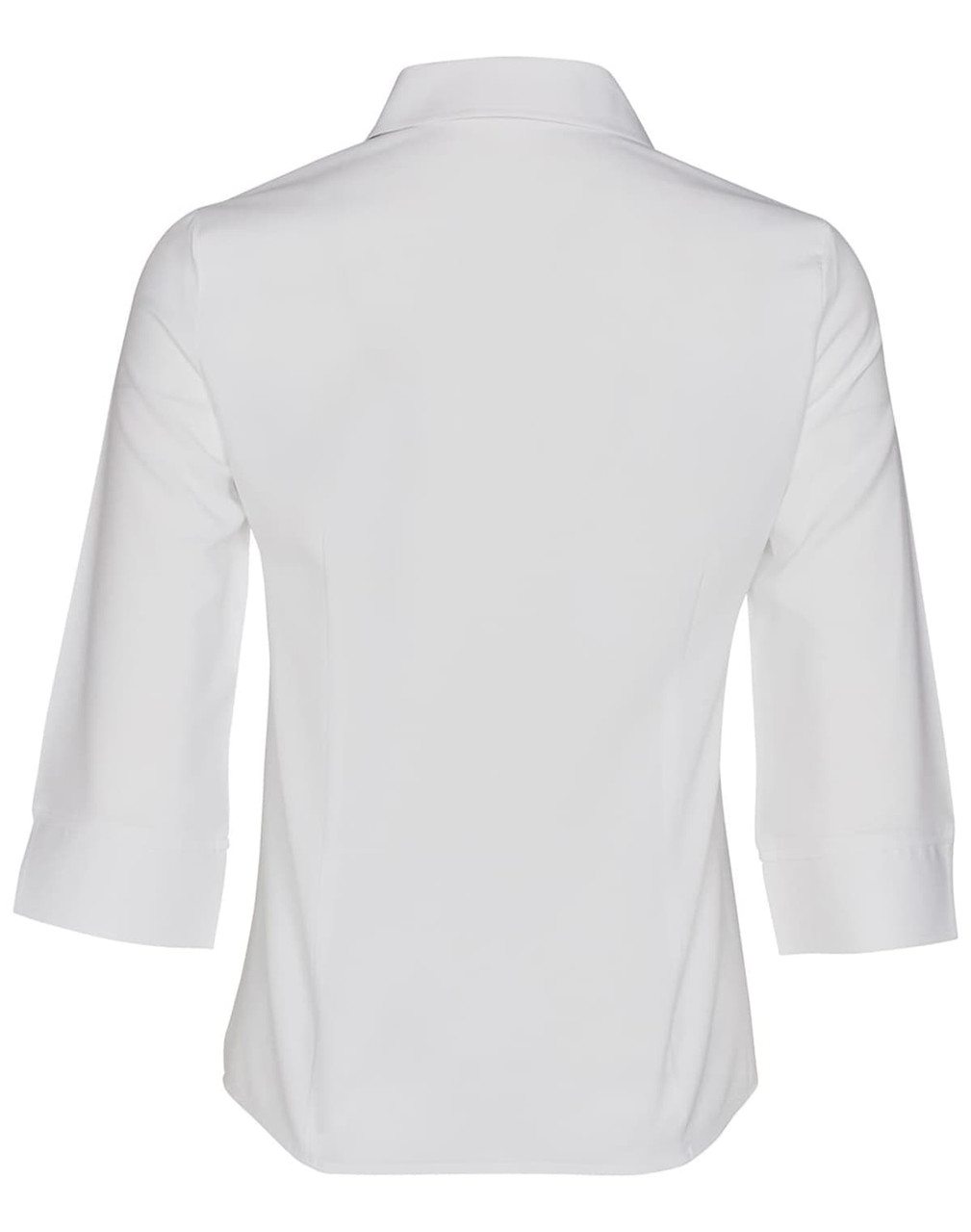 A white women's Cooldry 3/4 sleeve shirt with a collar and a plain design, featuring a branding logo.