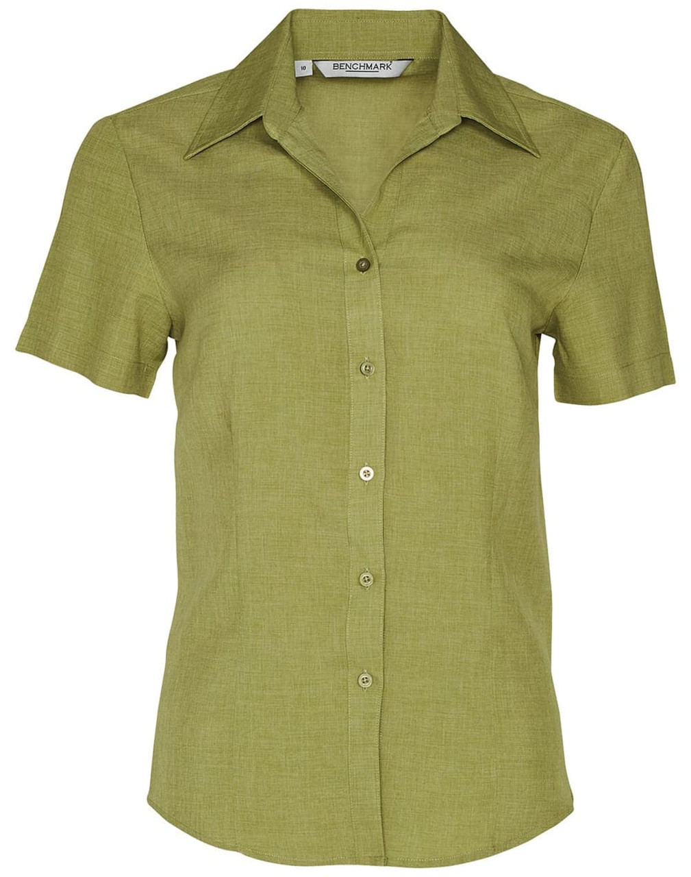 A short-sleeved, collared women's shirt in a light green shade. It features a button-down front and has a logo.