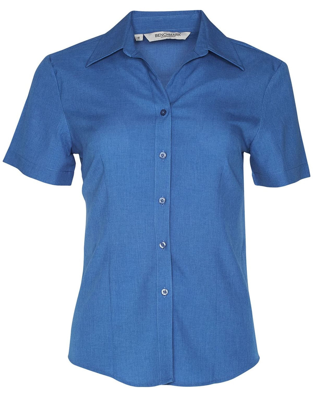A short-sleeved women's shirt in a blue fabric with a collared design and buttons down the front. Features a logo.