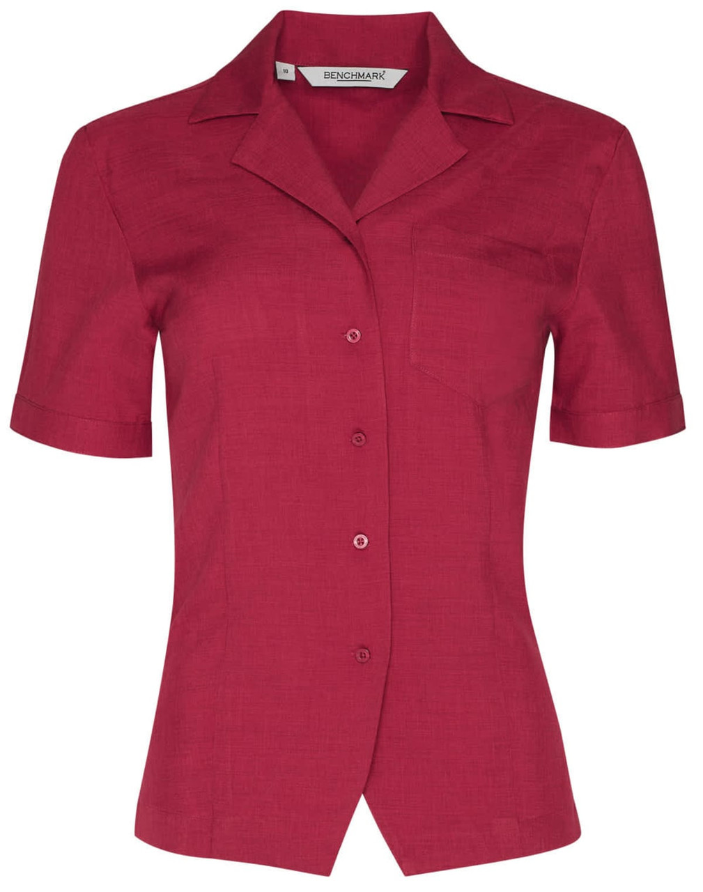 A short-sleeve overblouse in a rich burgundy colour with a collar and a single chest pocket. Features a logo.