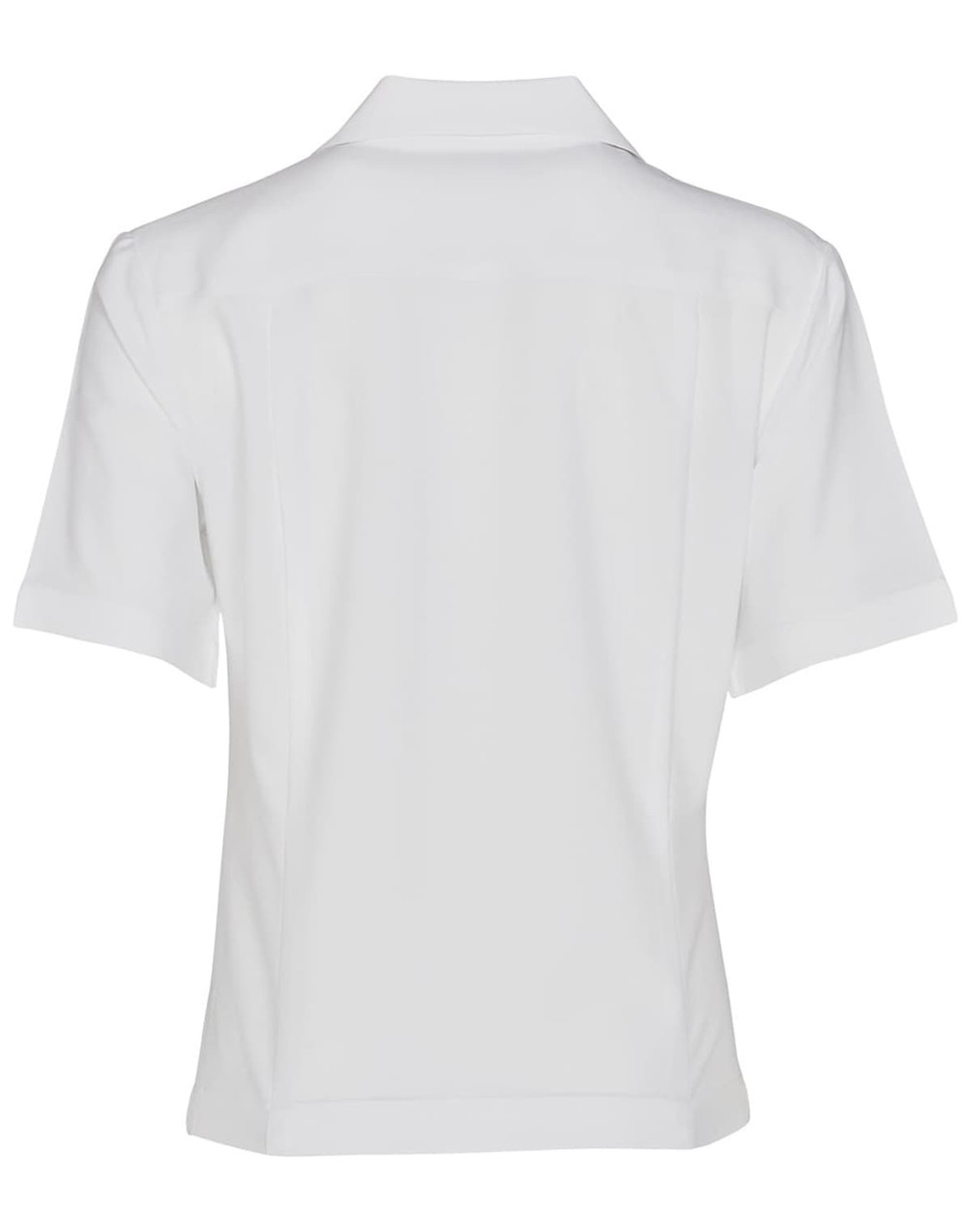 A white short sleeve overblouse with a collar, featuring a logo and a neat back design.