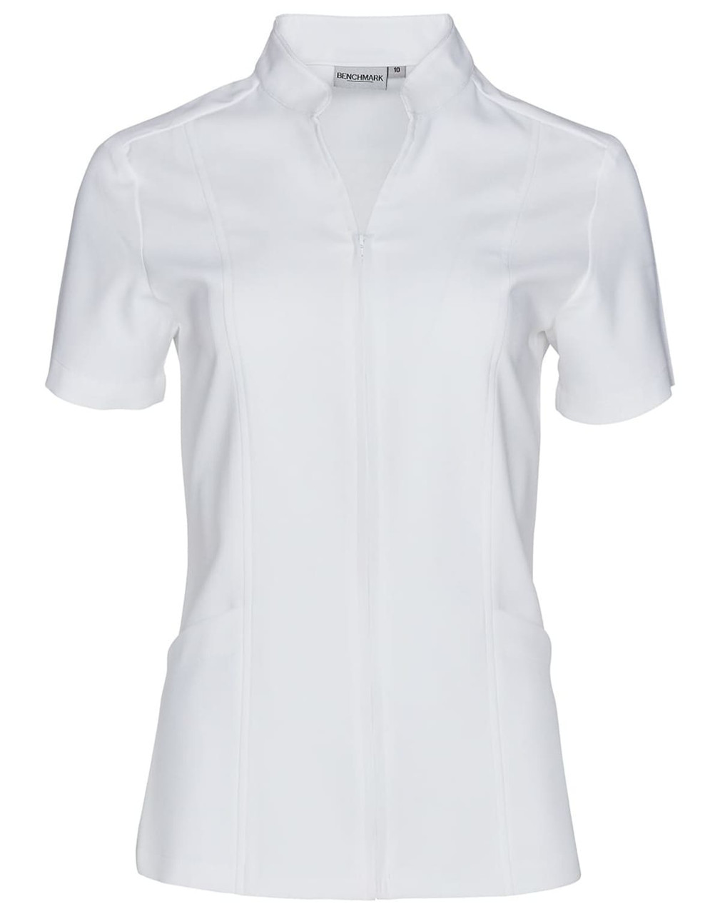 A white short sleeve tunic with a full zip front, featuring a fitted design and a logo.