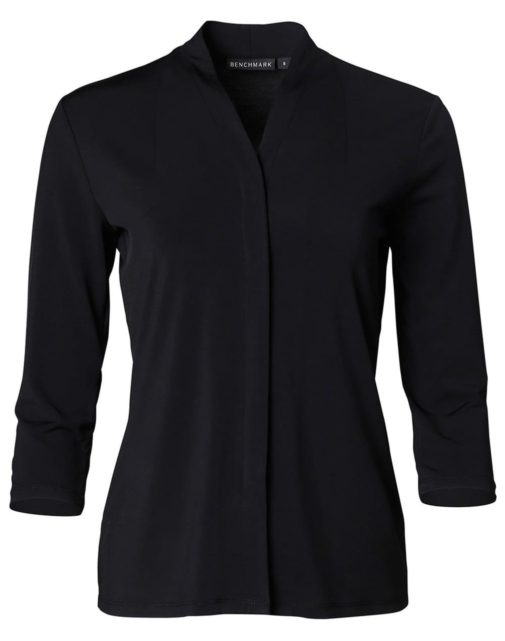 A black mid sleeve knit top with a wrap-style front and a subtle collar, featuring a logo at the neck.