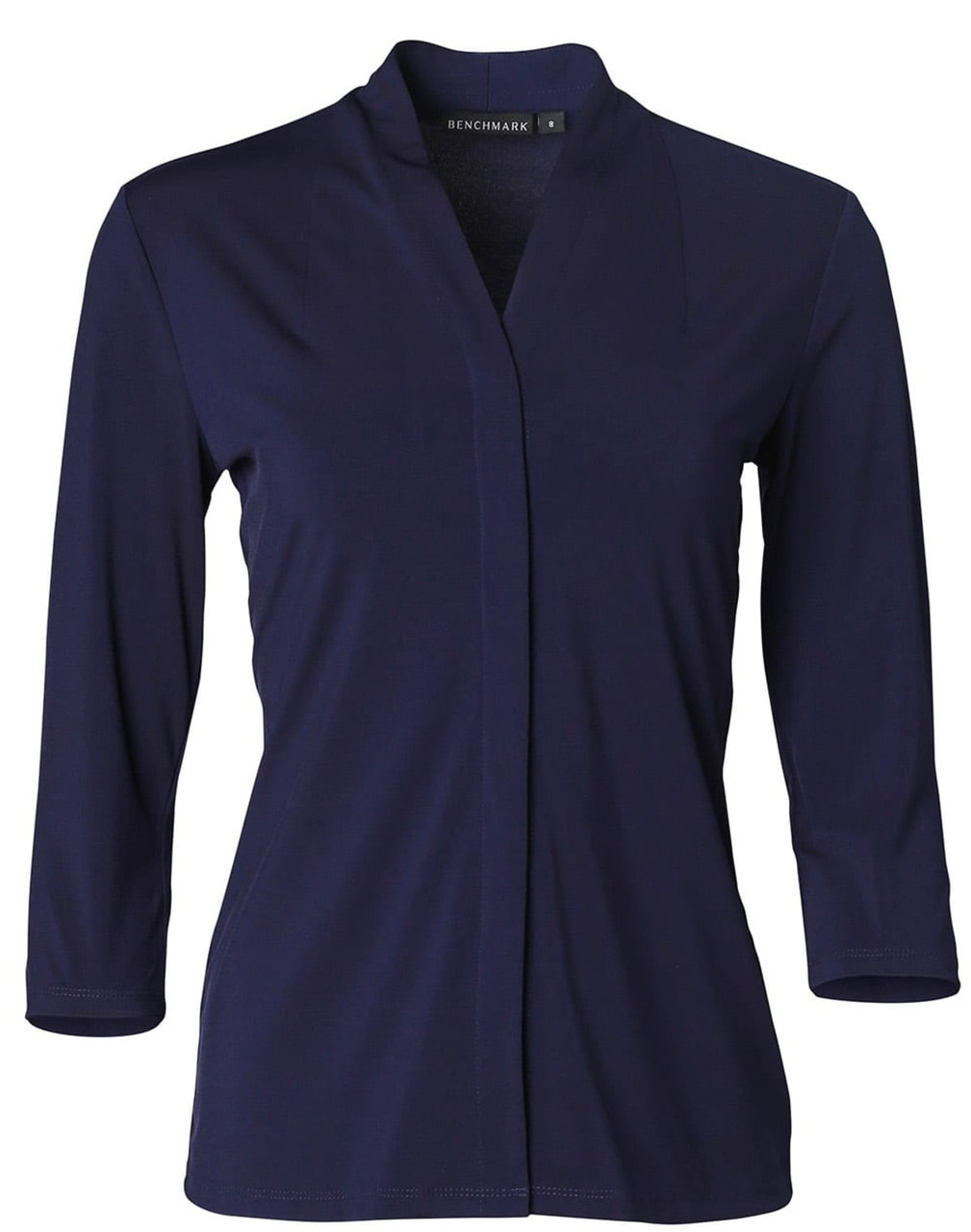 A navy mid sleeve knit top with a collar, featuring a simple design and a logo on the label.