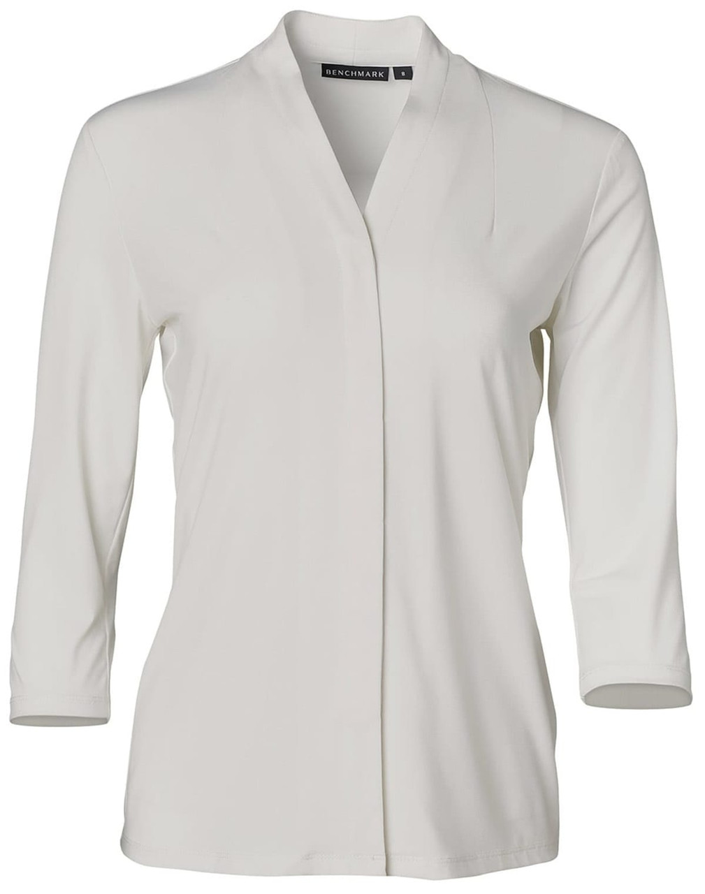 A white mid-sleeve knit top with a V-neck design. Features a minimalistic style and a logo tag.