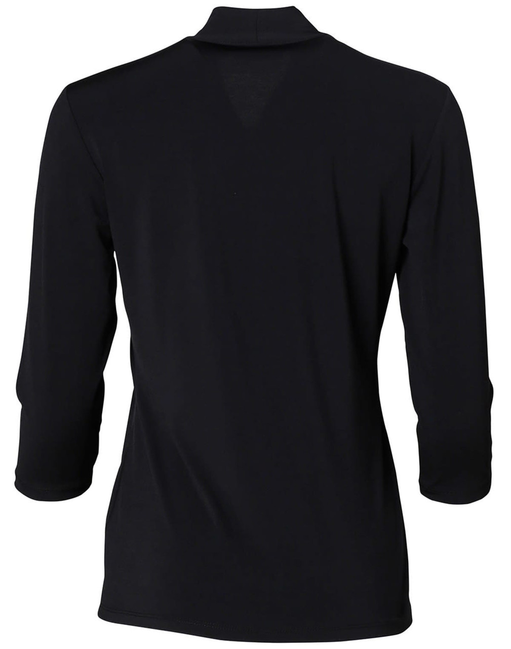 A black mid sleeve knit top with a collar and a smooth back design, featuring a brand logo.