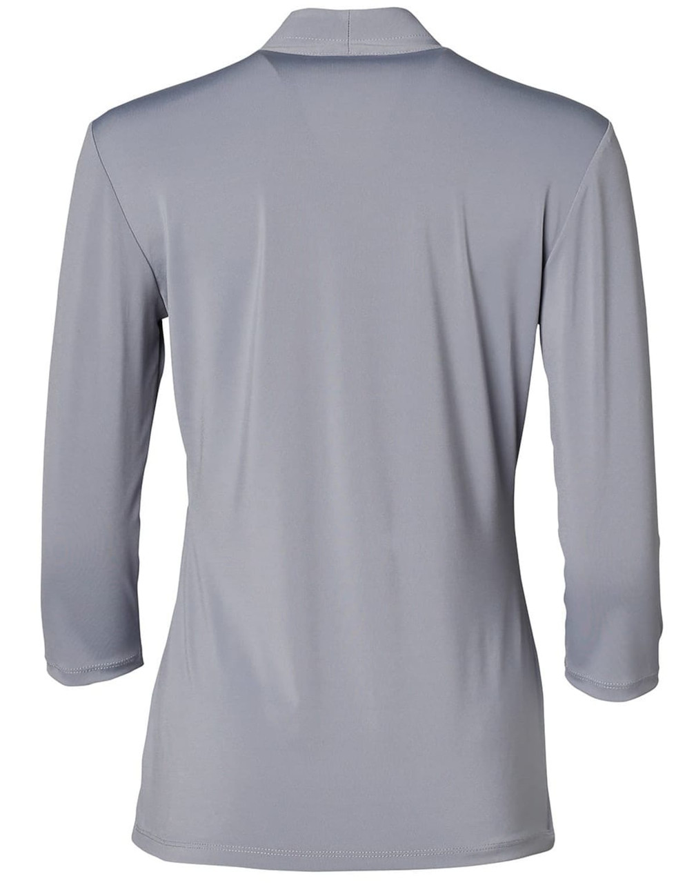 A grey mid sleeve knit top with a collared neckline, featuring a logo on the back.
