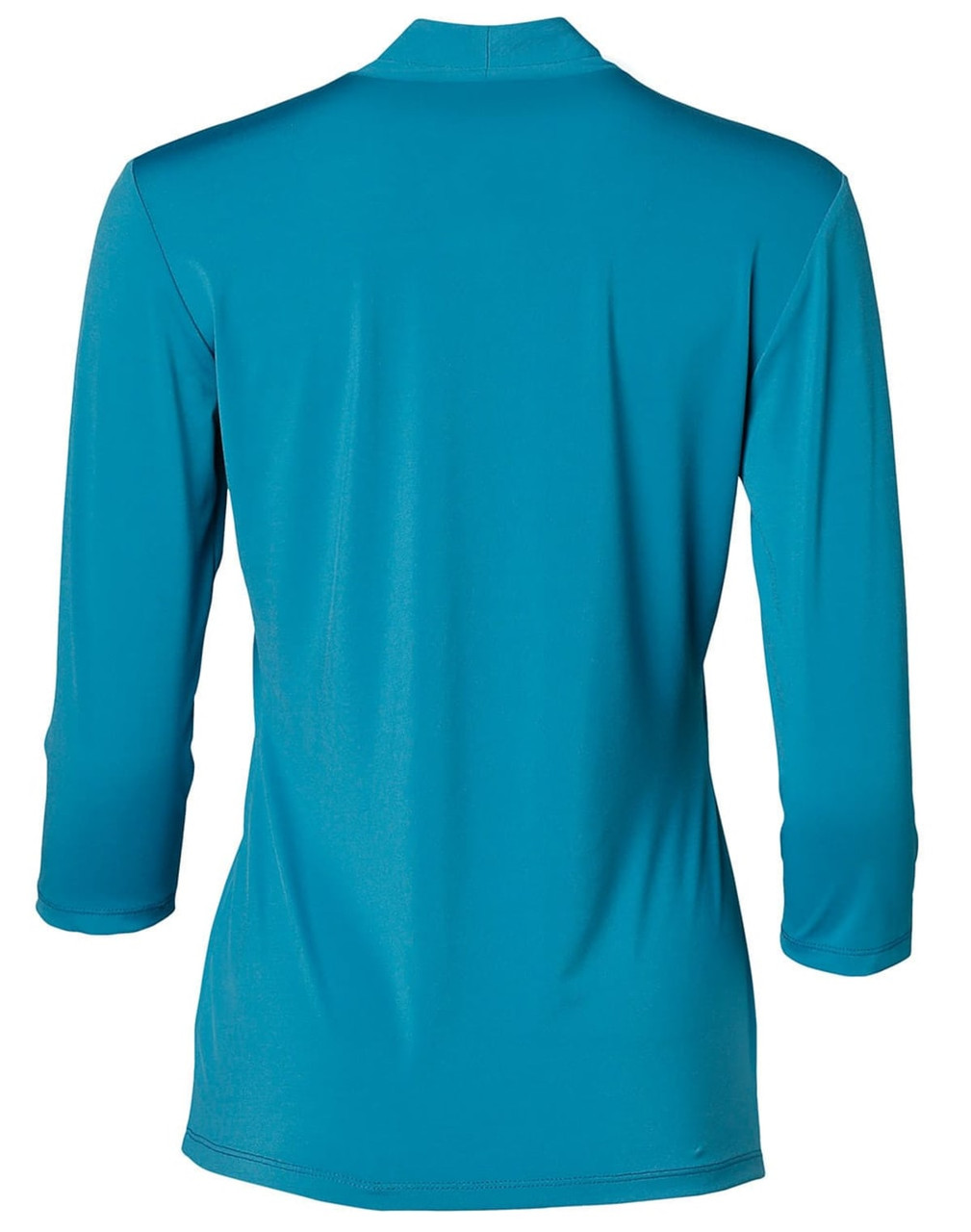A teal mid sleeve knit top with a relaxed fit and a high neck. Features a logo on the back.
