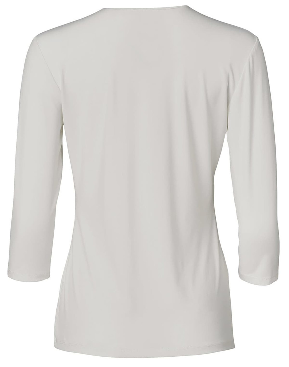 A light grey, mid sleeve knit top with a sleek back design. The shirt features a small logo.