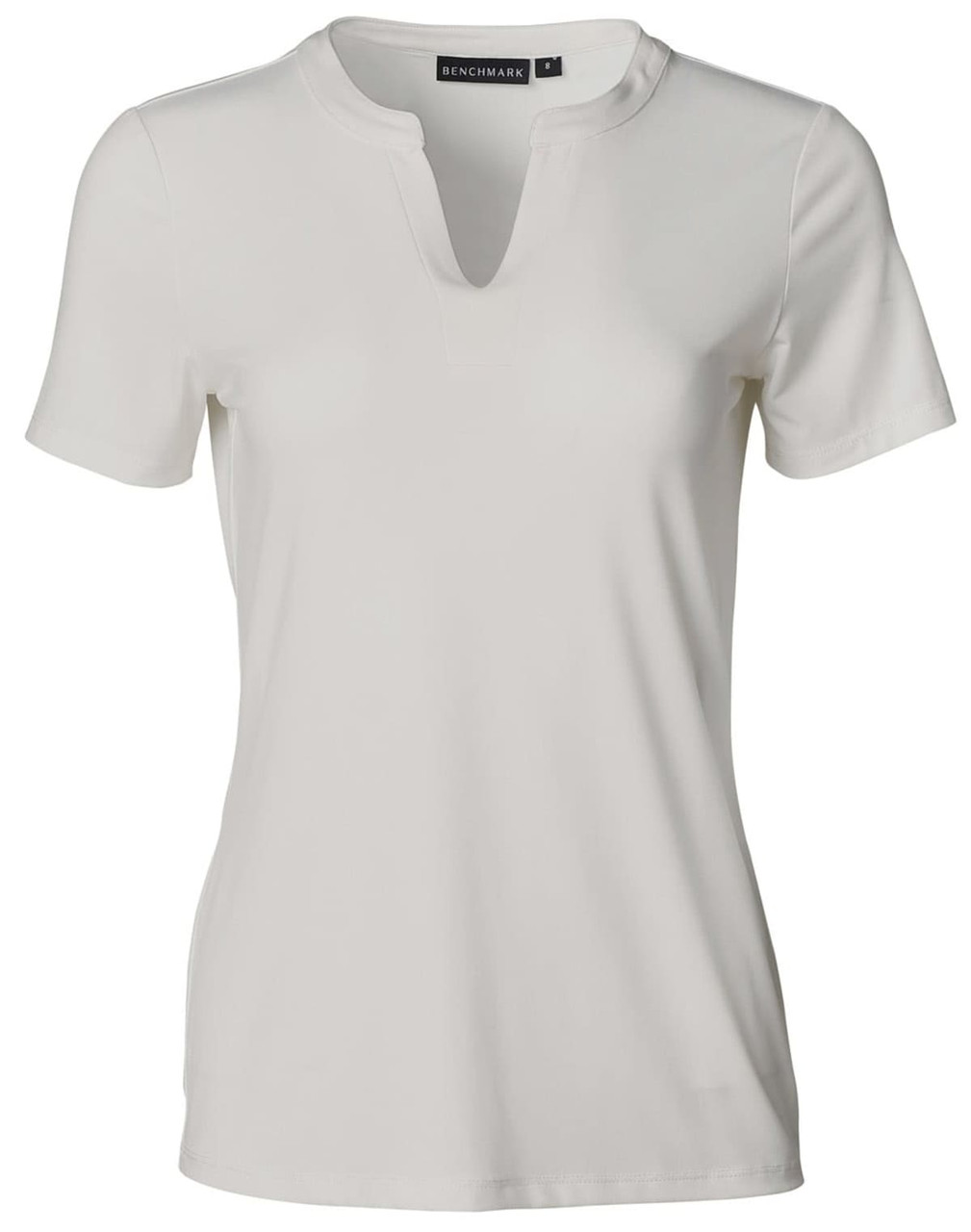 A ladies' V-neck short sleeve knit top in a soft off-white colour, featuring a tab detail at the neckline and a logo.