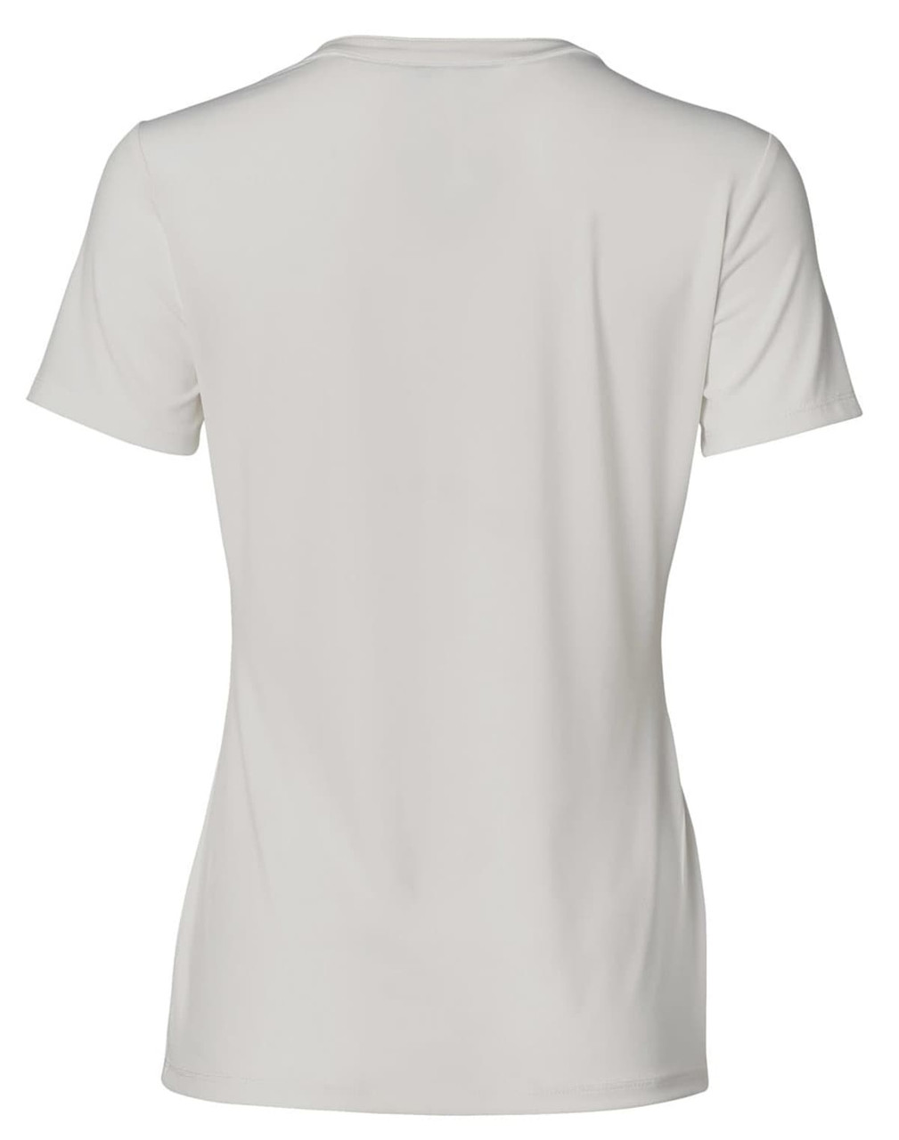 A light grey ladies' V-neck short sleeve knit top with a smooth finish and a logo on the back.