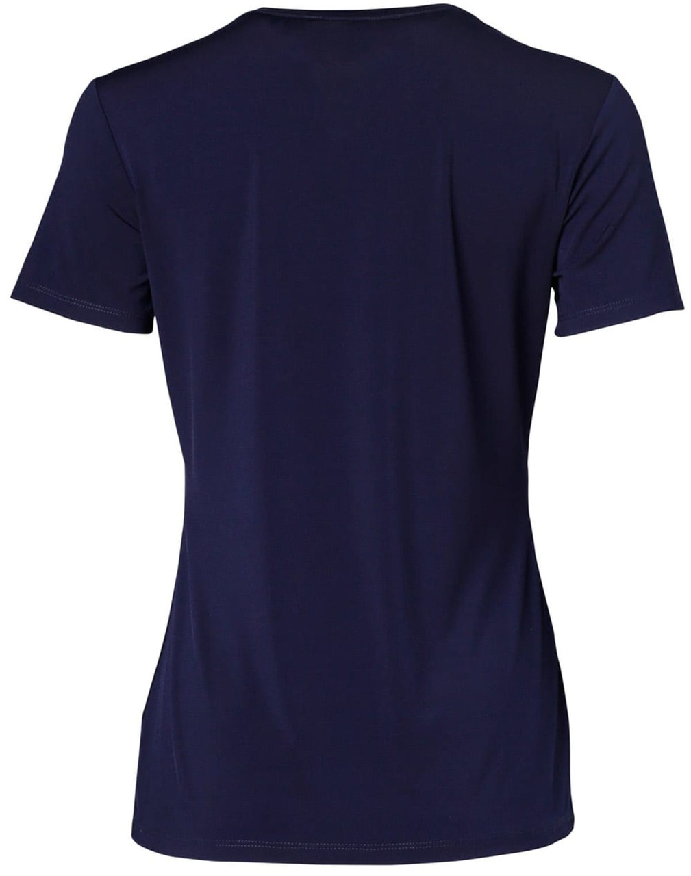 A navy blue ladies' V-neck short sleeve knit top with a smooth finish and a logo.