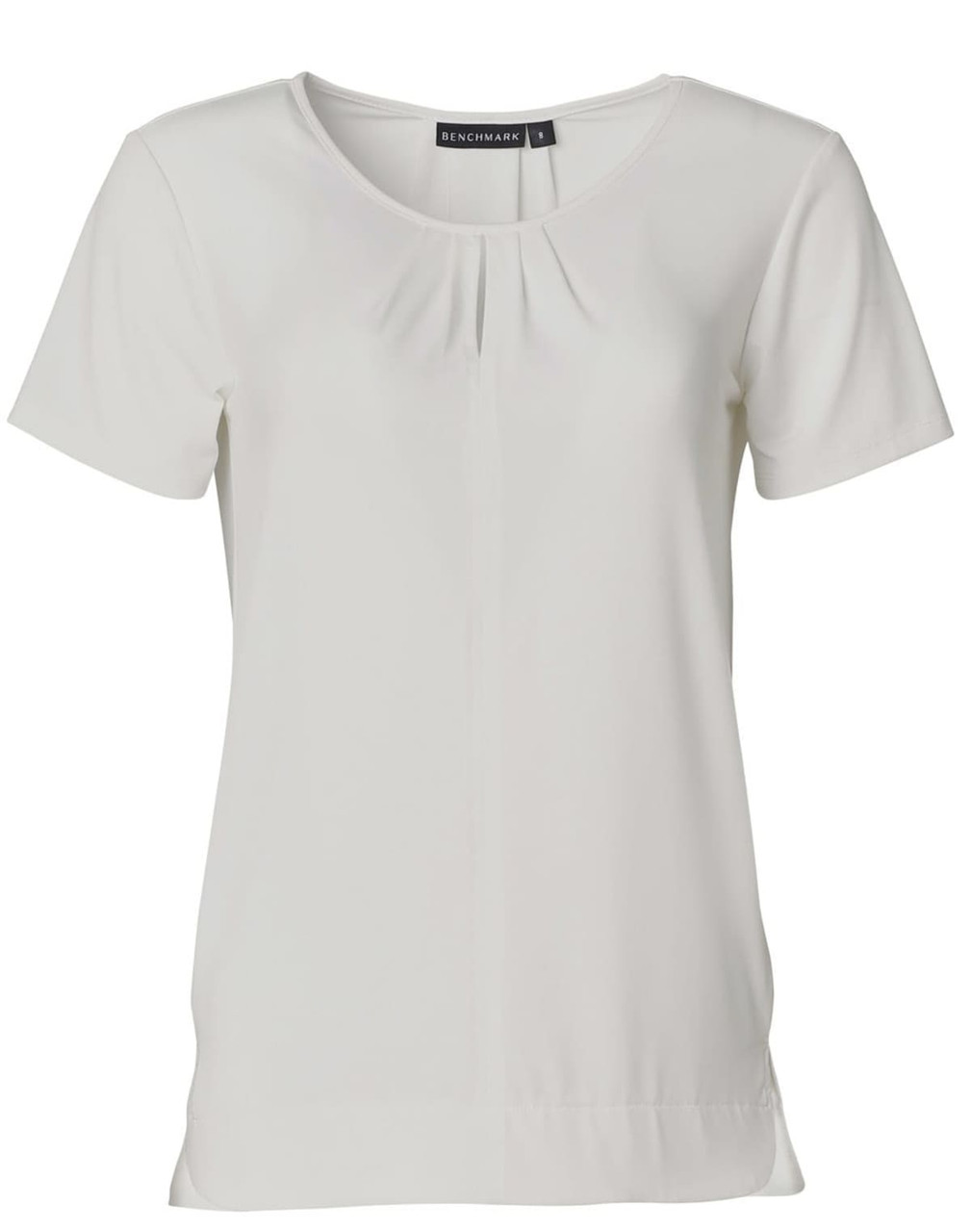 A light cream ladies' round neck short sleeve knit top with pleats, featuring a logo on the neckline.