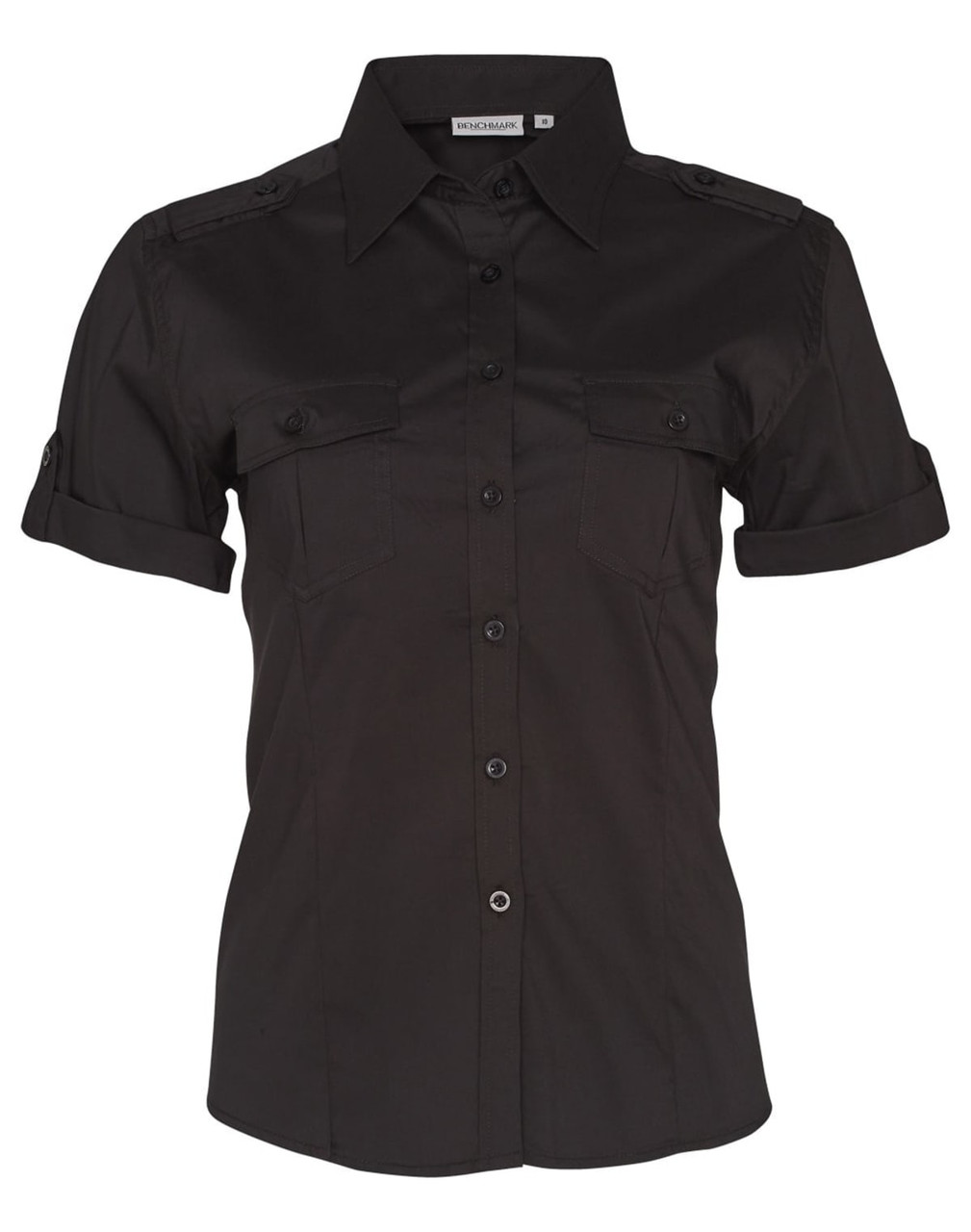 A women's short sleeve military shirt in black, featuring button-up front and two chest pockets. It has a logo.