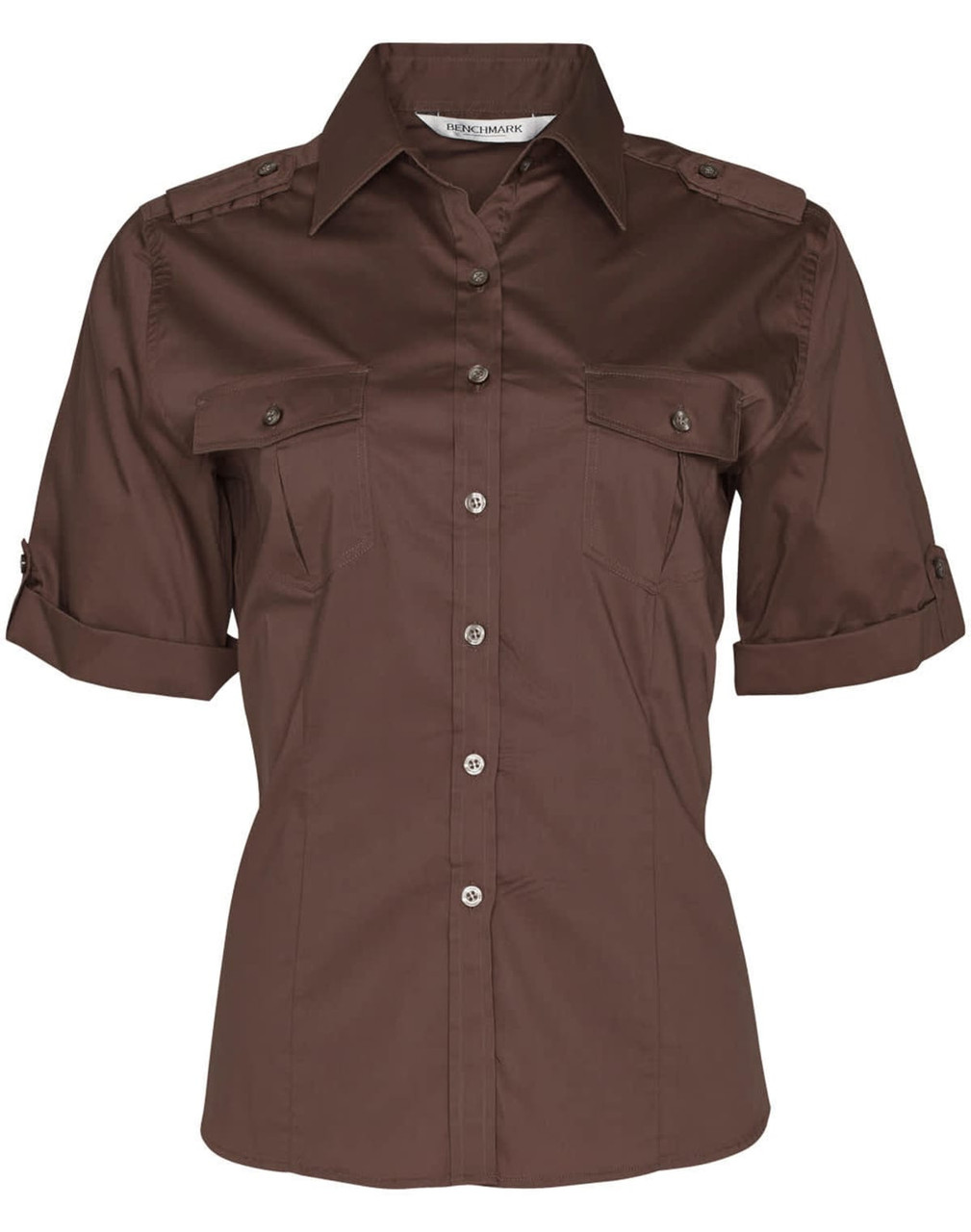A brown women's short sleeve military shirt featuring button-up front and pockets, with rolled sleeves.