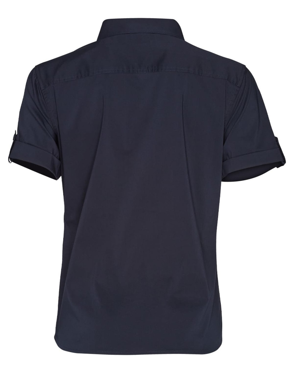 A women's short sleeve military shirt in navy blue, featuring rolled-up sleeves and a back yoke design.