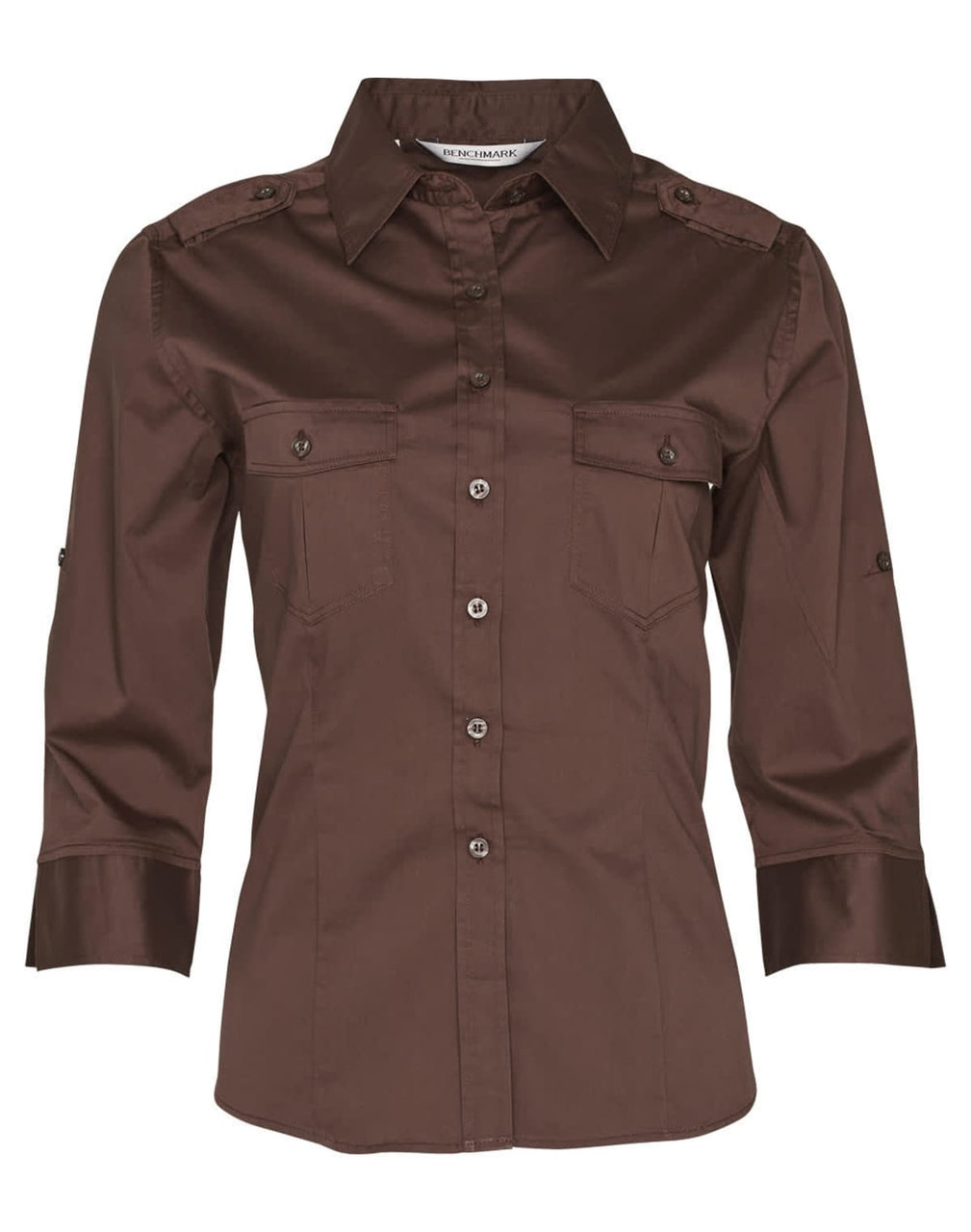 A brown women's 3/4 sleeve military shirt featuring a collared neckline and button detailing. It has a logo on the shirt.