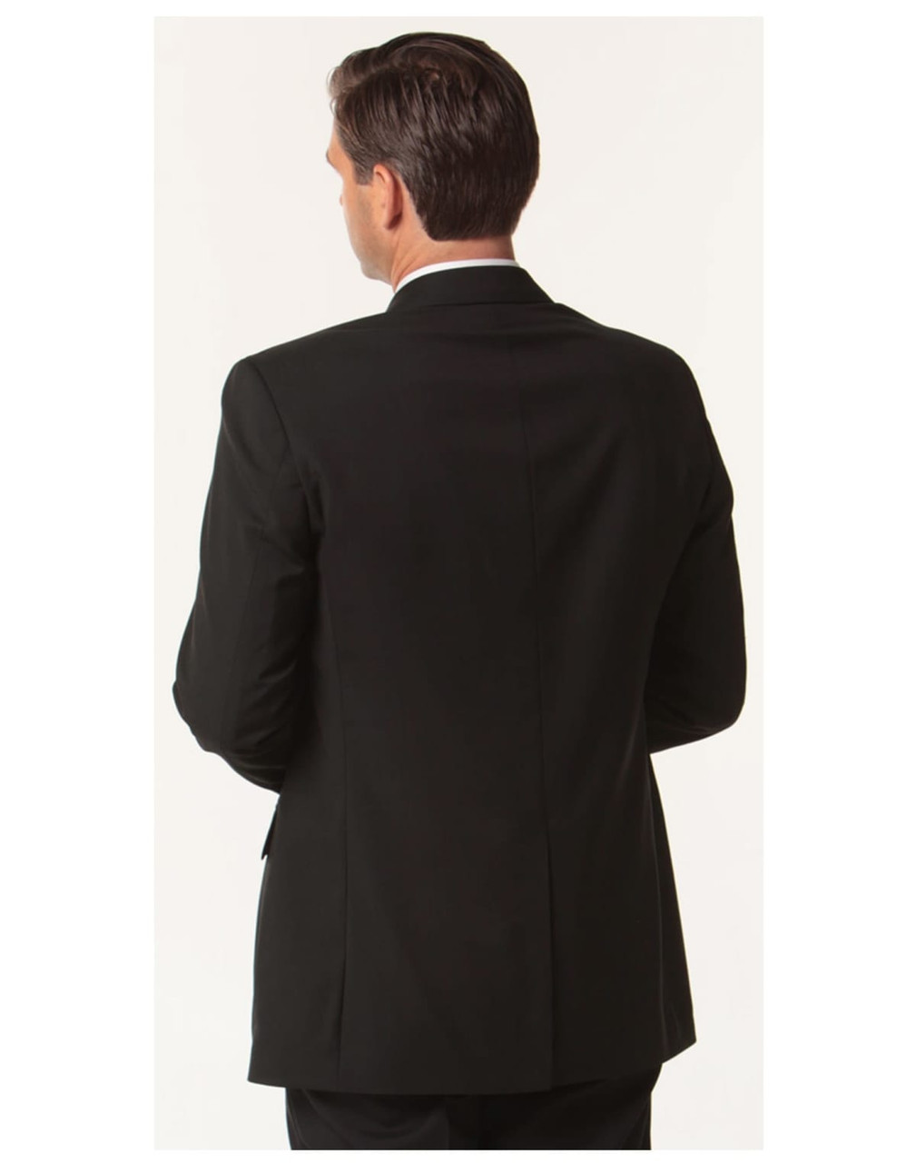 A black men's two-button jacket in wool stretch, featuring a smooth back design and tailored fit.