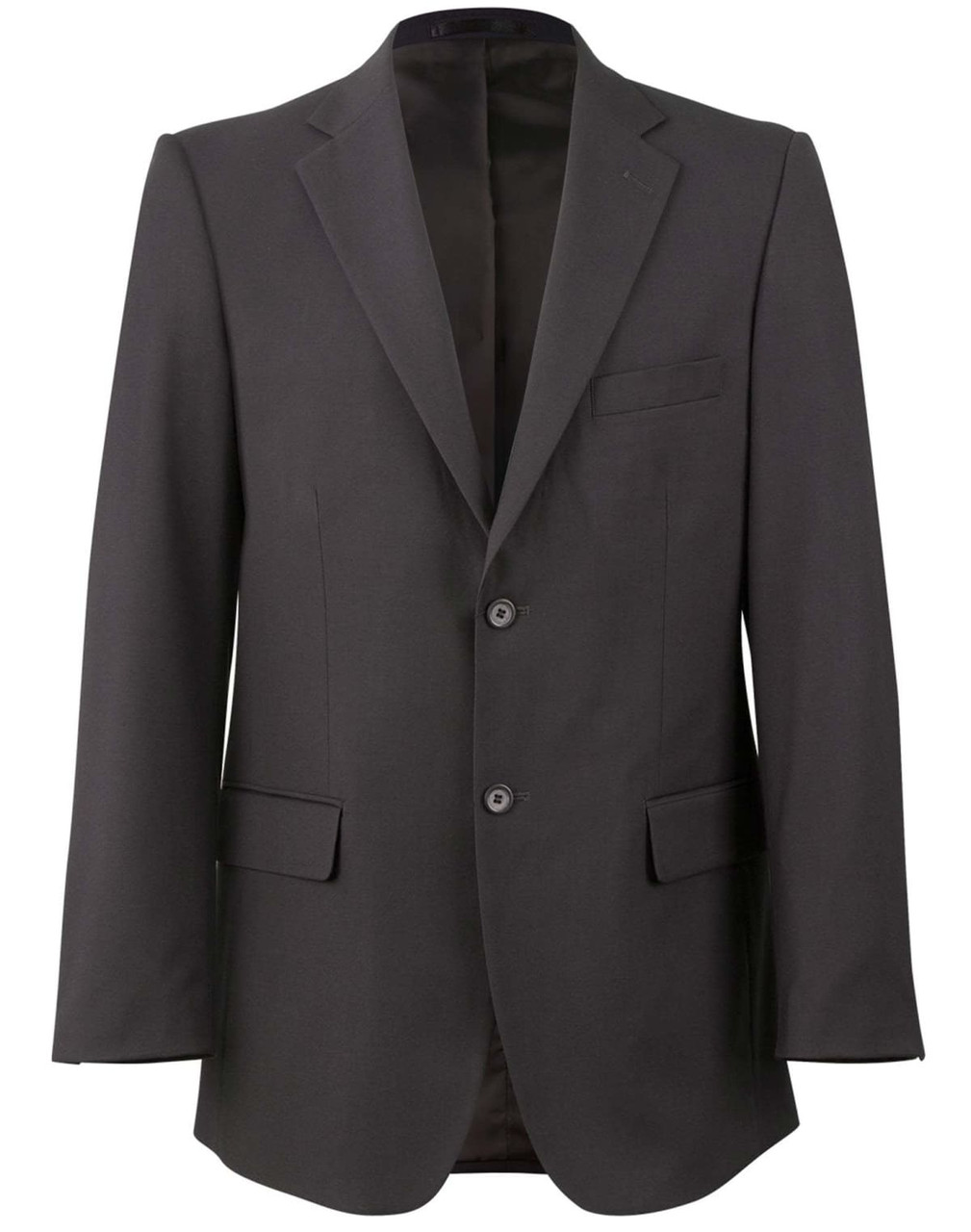 A men's stretch jacket in dark grey with a single-breasted design and two front pockets, featuring a logo.