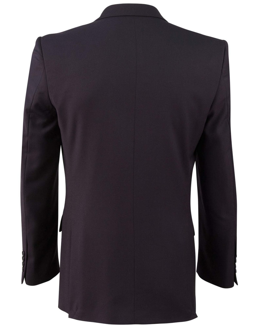 A black men's poly/viscose stretch jacket, featuring a classic design and structured fit, viewed from the back.