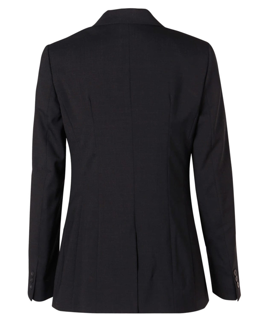 A black women's mid-length jacket with a fitted back and long sleeves, featuring a single vent and buttoned cuffs.