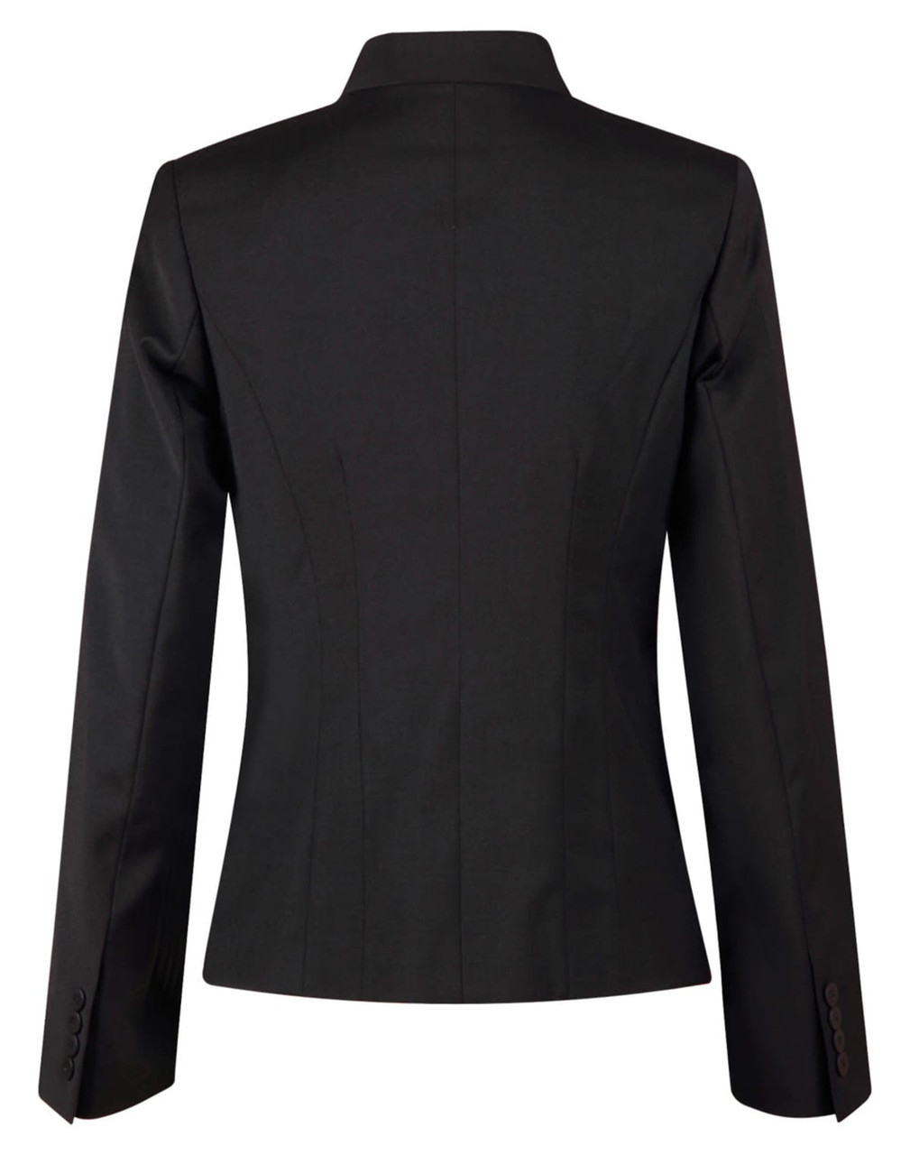 A black ladies' wool blend stretch reverse lapel jacket, featuring a fitted design and buttoned cuffs.