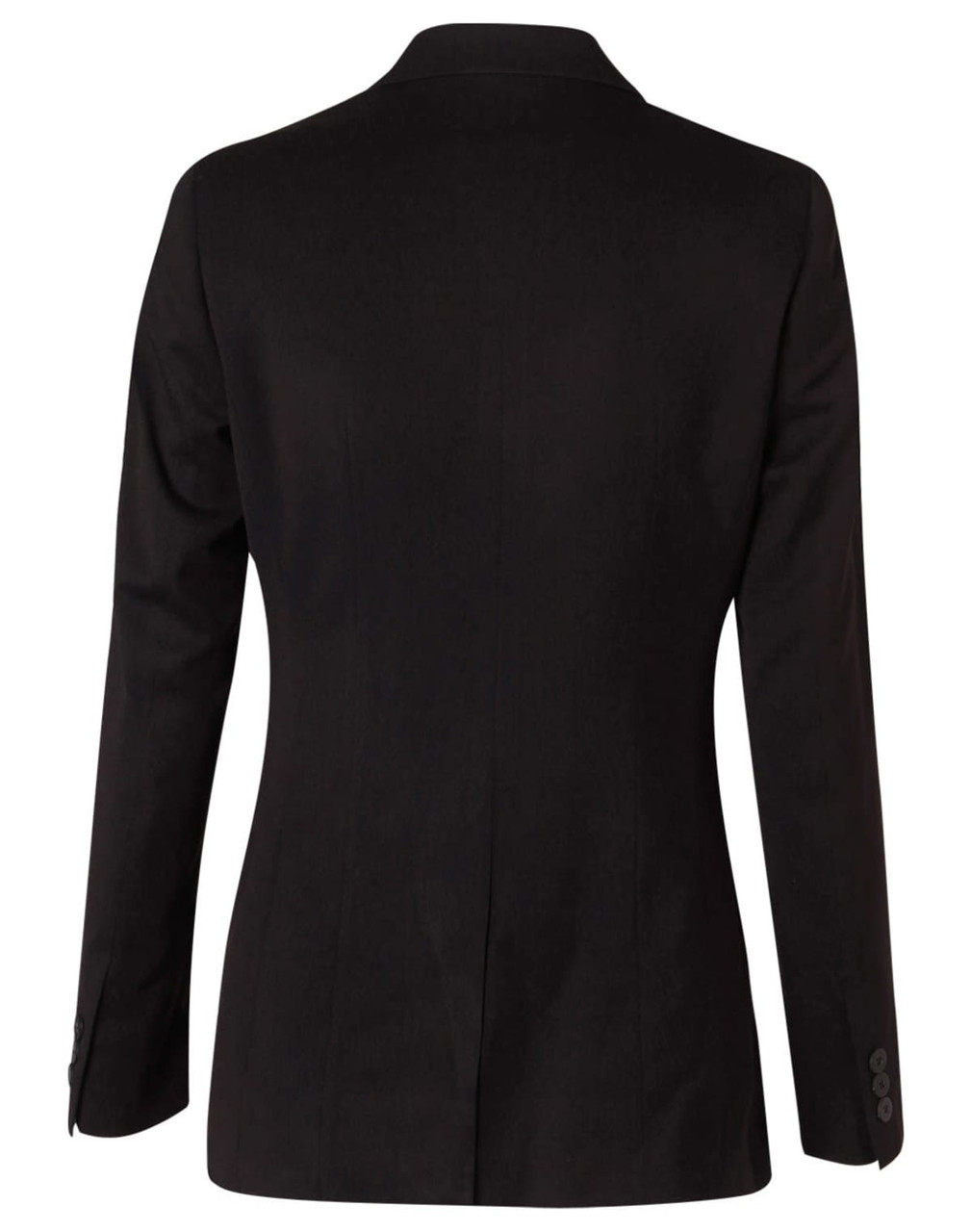 A women's mid-length black jacket with two buttons, featuring a tailored fit and long sleeves.