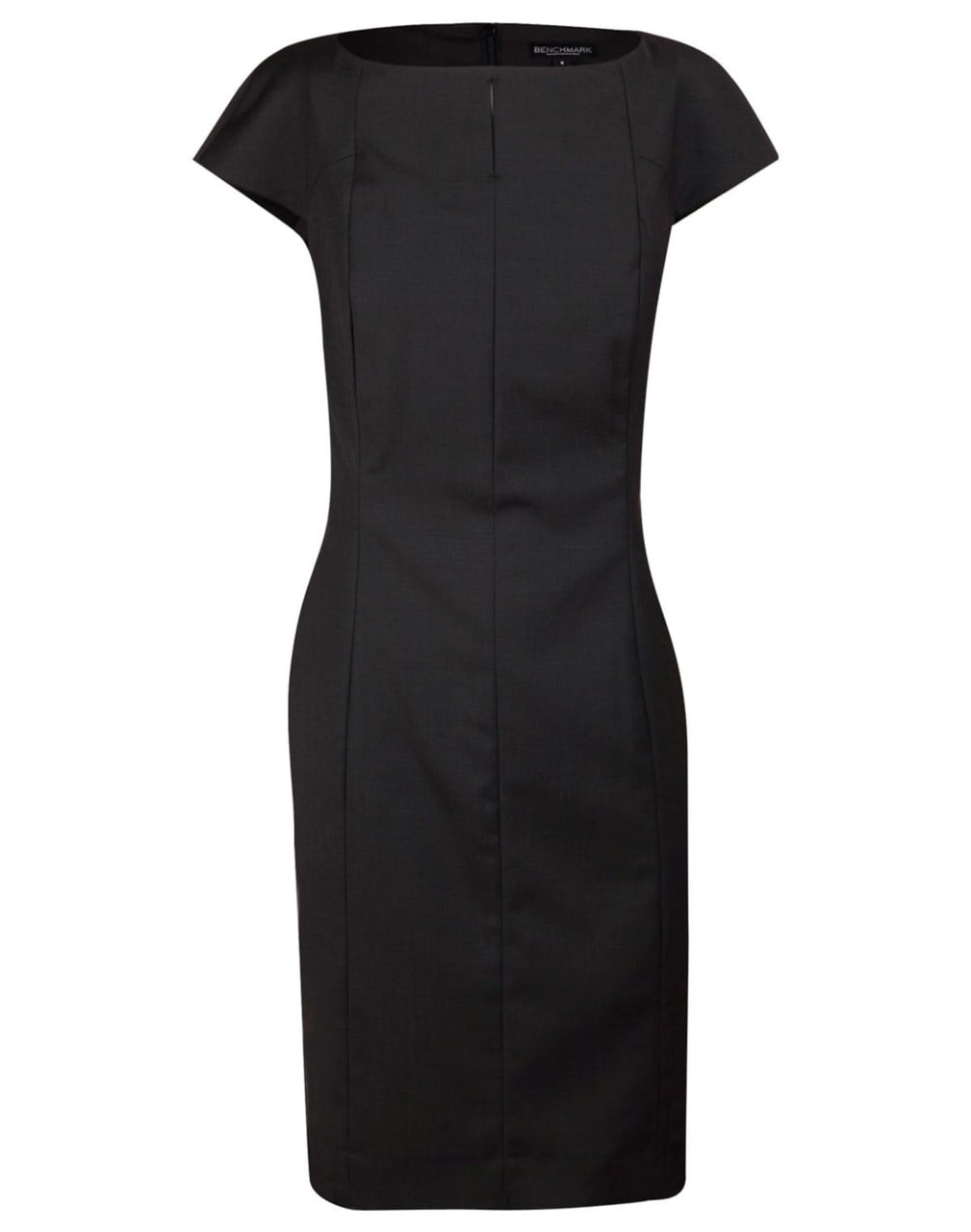 A black cap sleeve dress made from a wool blend with a fitted silhouette, featuring a subtle branding detail.