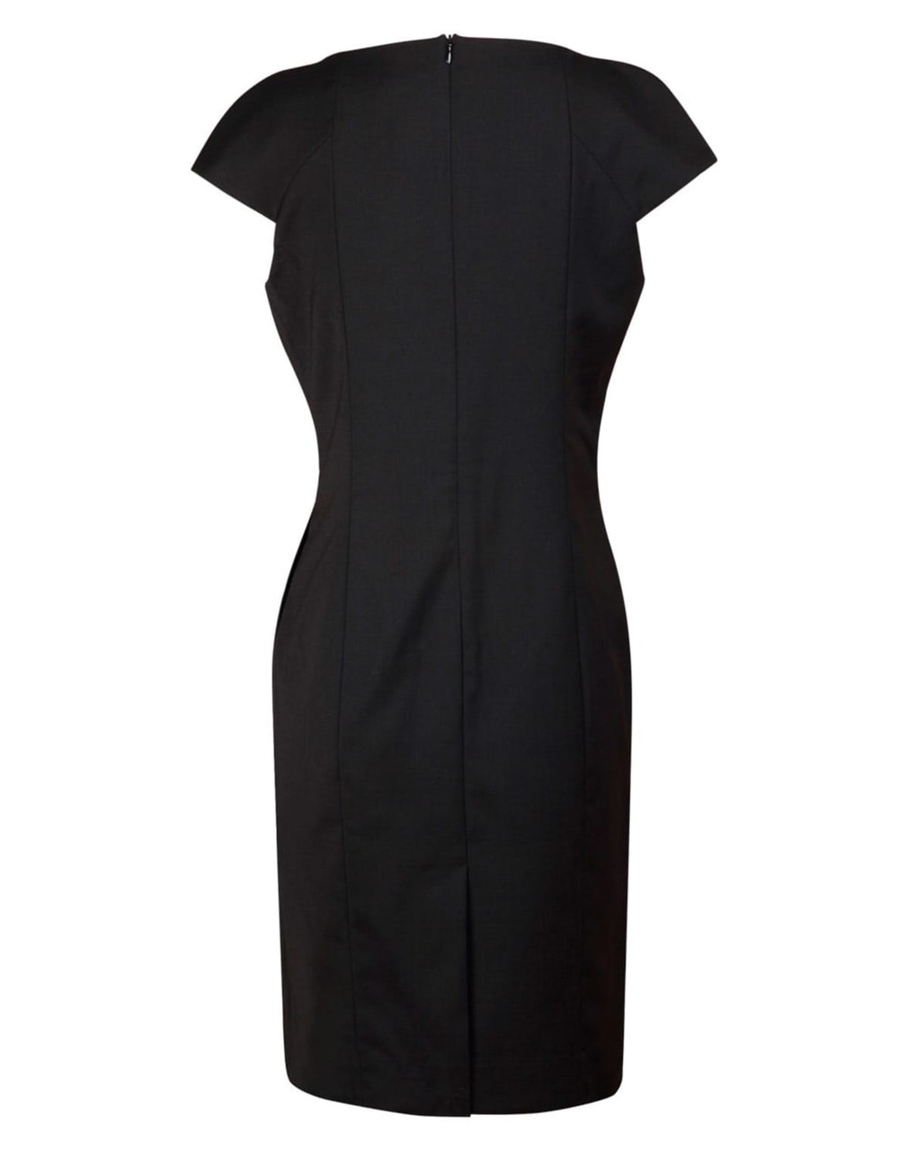 A black ladies' wool blend stretch cap sleeve dress with a fitted silhouette and a back zipper.