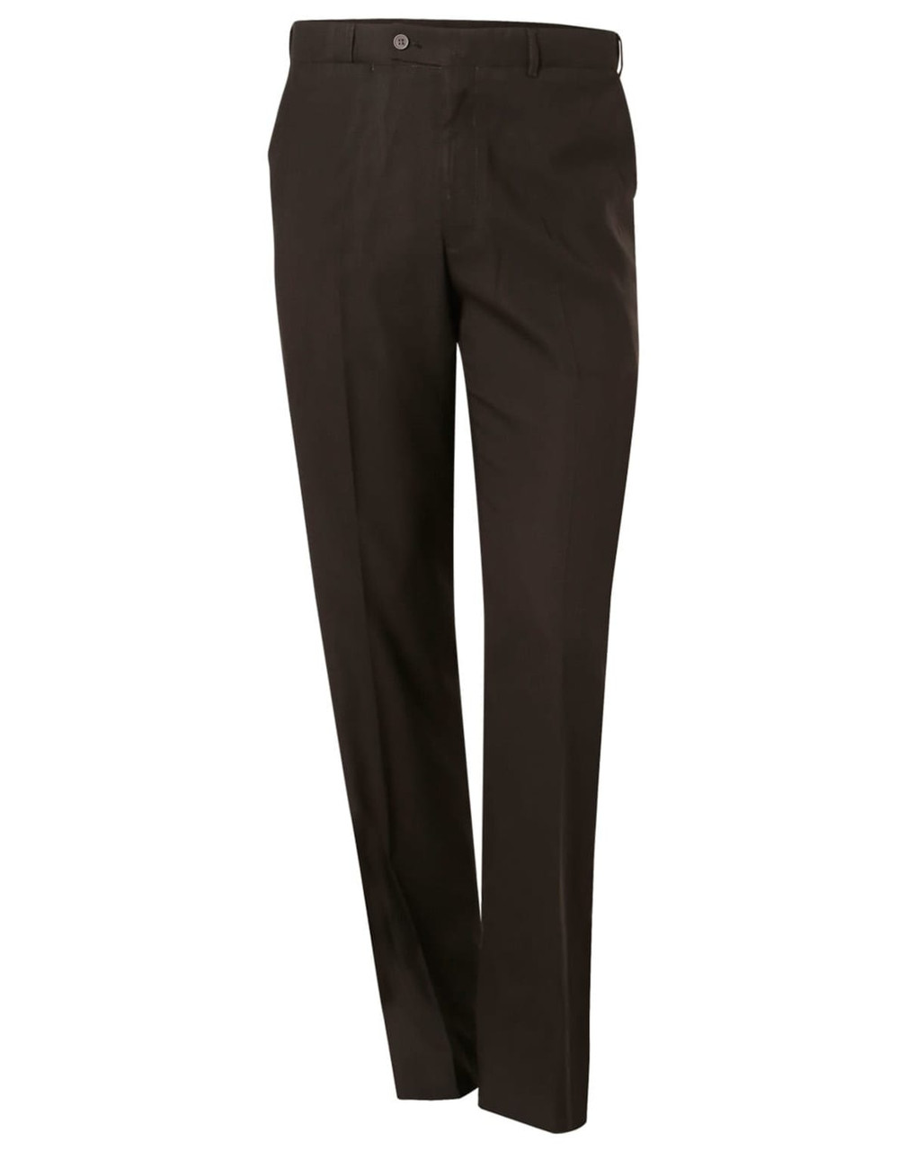 Men's polyviscose stretch pants in dark brown, featuring a classic design and a front button closure.