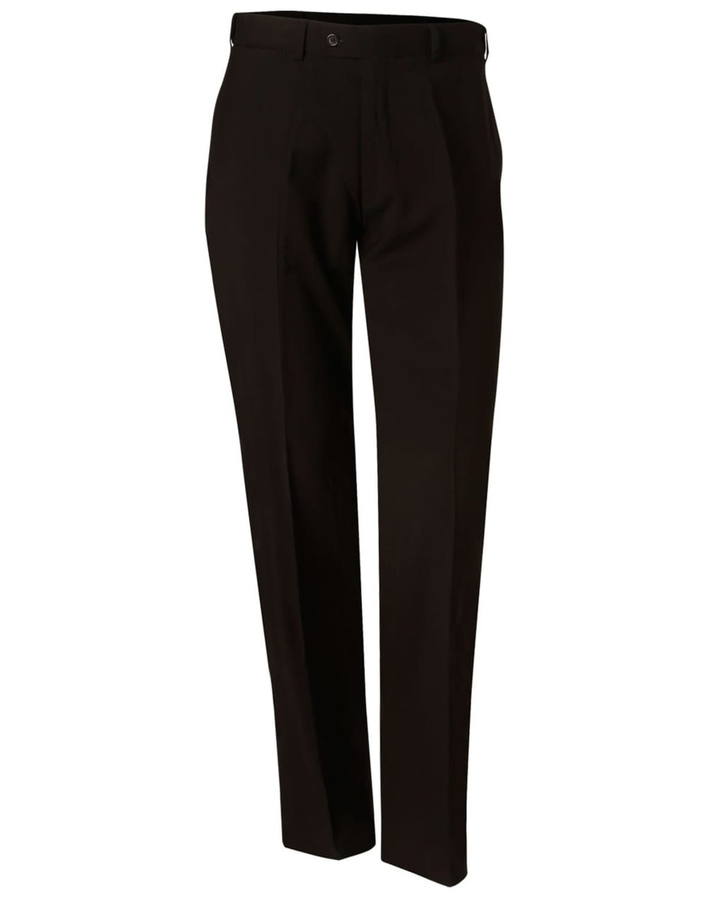 Men's black polyviscose stretch pants featuring a tailored fit and a front pleat. The pants have a logo on the waistband.