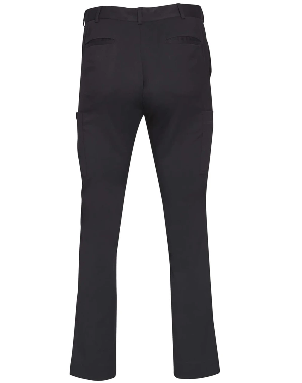Men's black utility cargo pants featuring multiple pockets and a logo. The back view highlights the streamlined design.