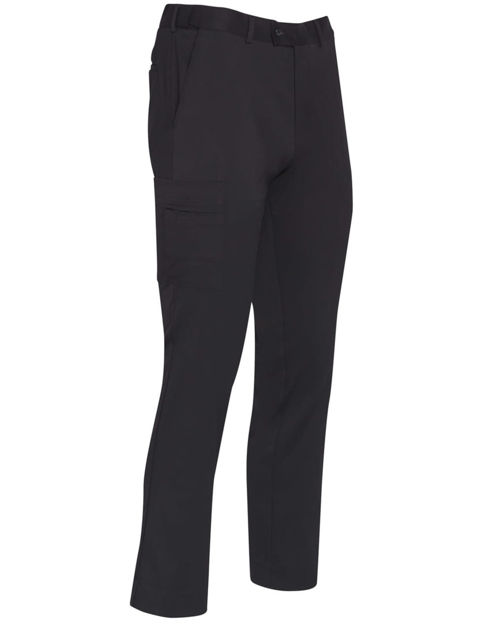 Men's utility cargo pants in black, featuring multiple pockets and a fitted design. Includes a logo on the waistband.
