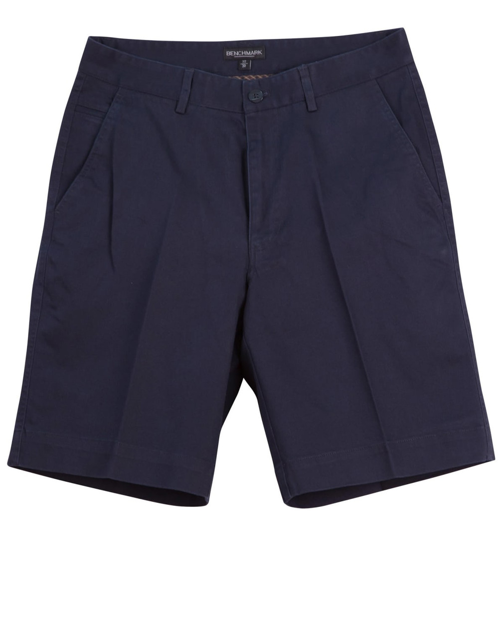 Men's chino shorts in navy blue, featuring a flat front design and pockets, with a logo on the waistband.