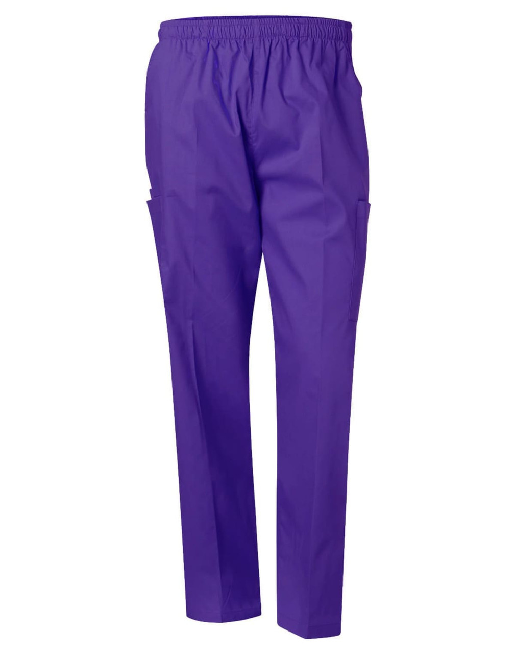 Unisex scrub pants in vibrant purple with an elastic waistband and two side pockets. Features a logo.