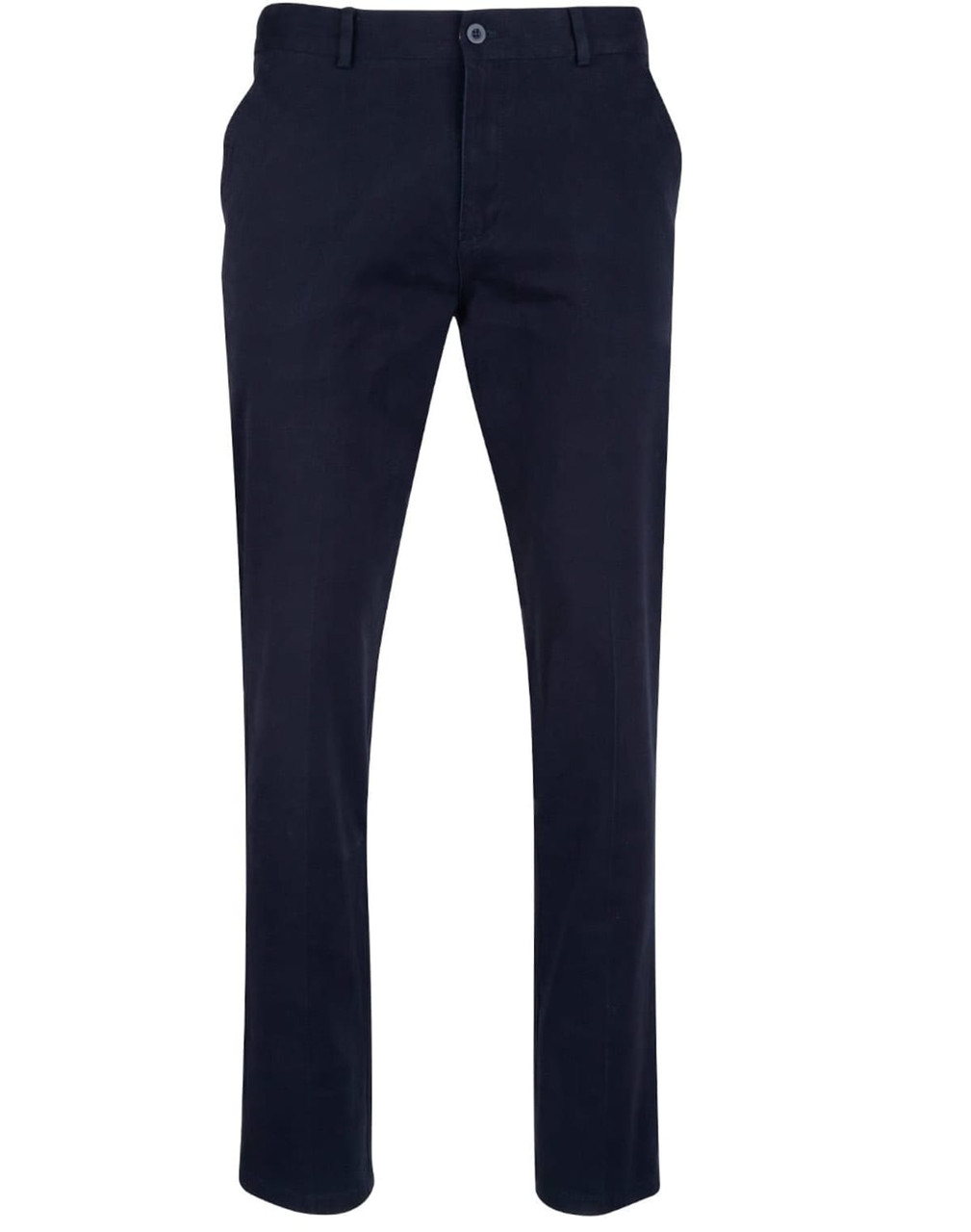 Men's dark navy chino pants with a classic fit, featuring belt loops and a logo. Ideal for smart-casual wear.