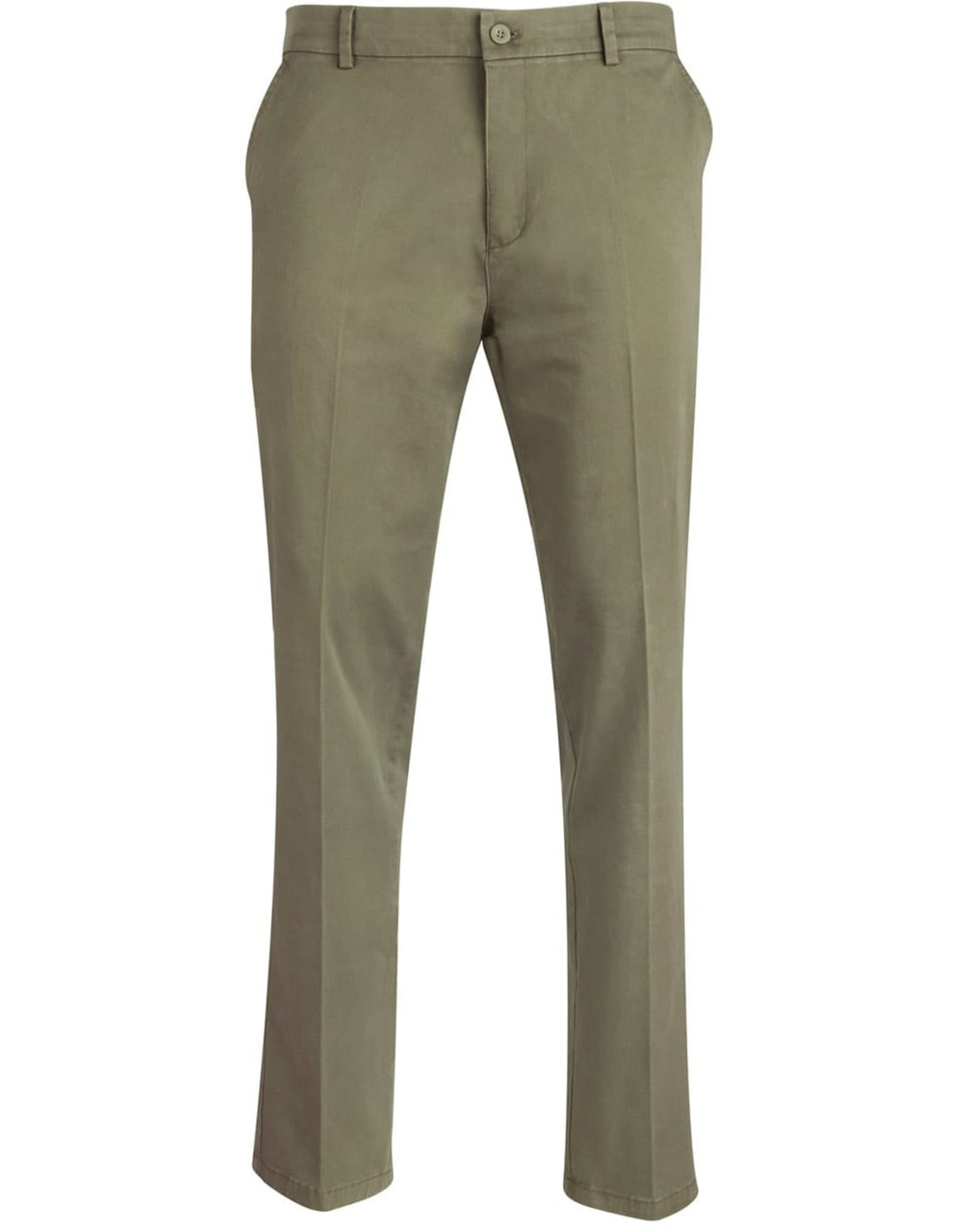 Men's chino pants in olive green, featuring a straight-cut design and side pockets. Includes branding detail.