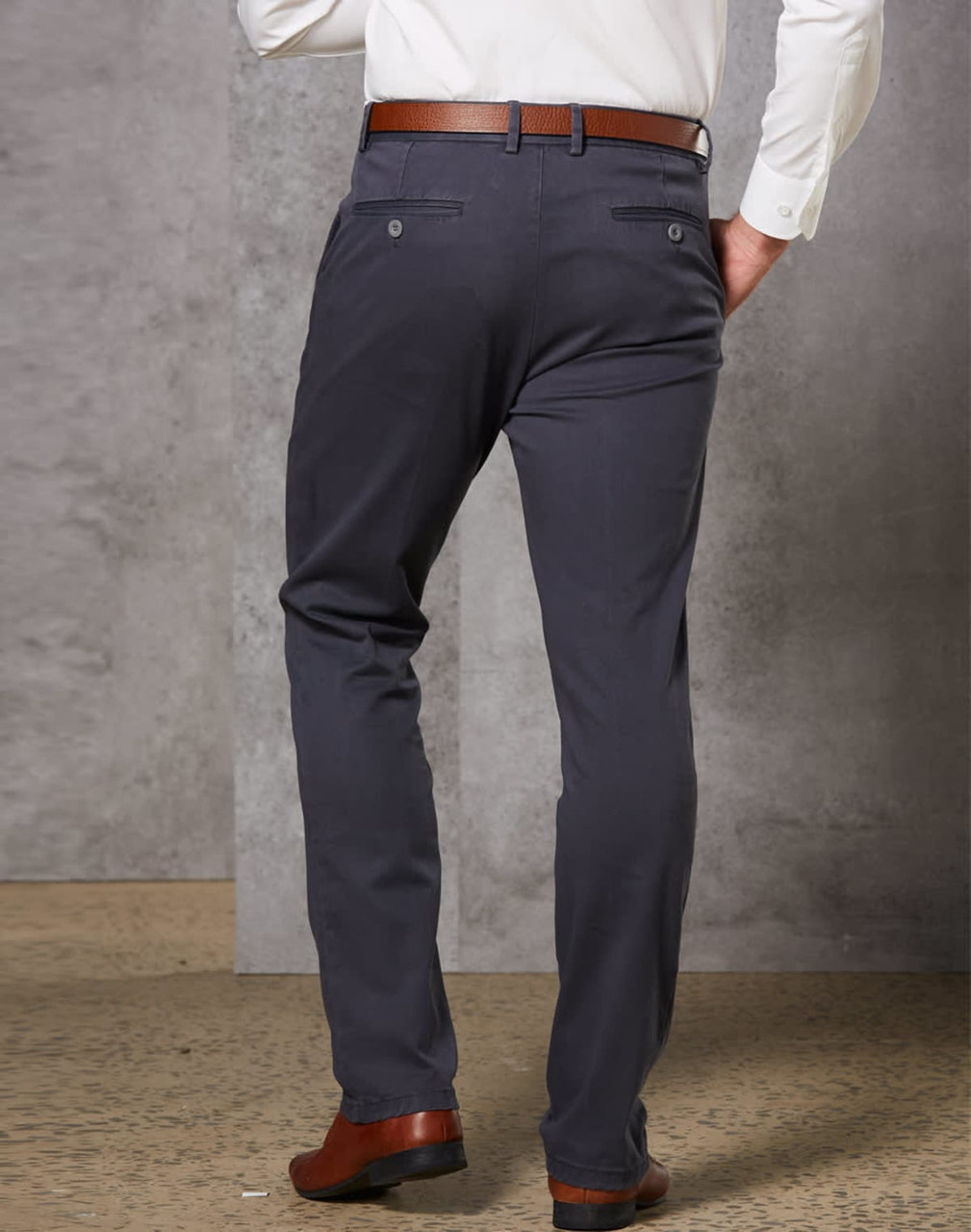 Men's Boston Chino Pants in navy, featuring a smooth finish and a waistband with a logo, viewed from the back.