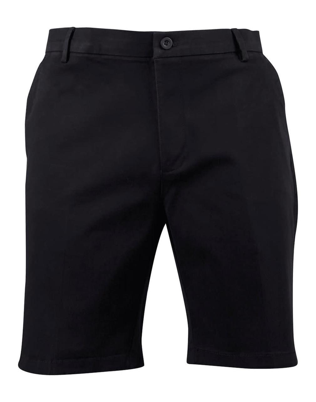 Black stretch cotton chino shorts with a front button closure and side pockets, featuring a subtle logo.