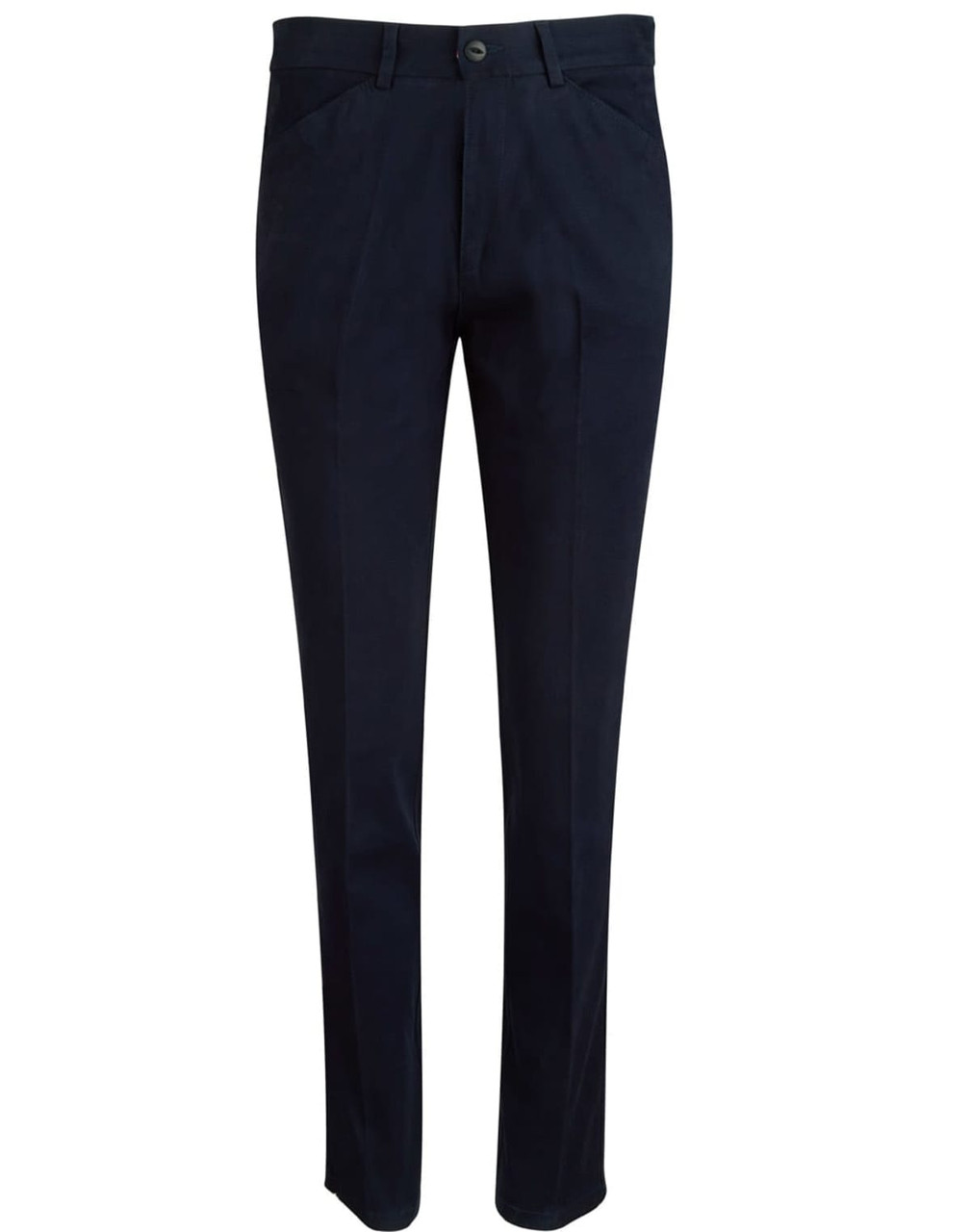 Navy blue ladies' chino pants with a fitted design, featuring side pockets and a button closure.