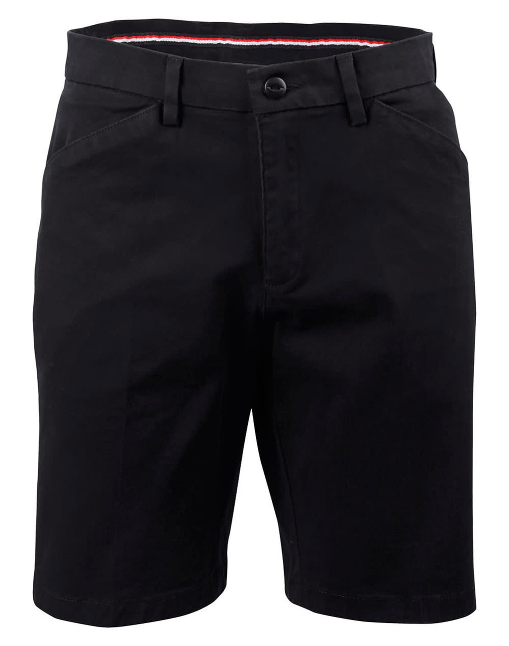 Ladies' stretch cotton chino shorts in black, featuring pockets and a waistband with contrasting details.