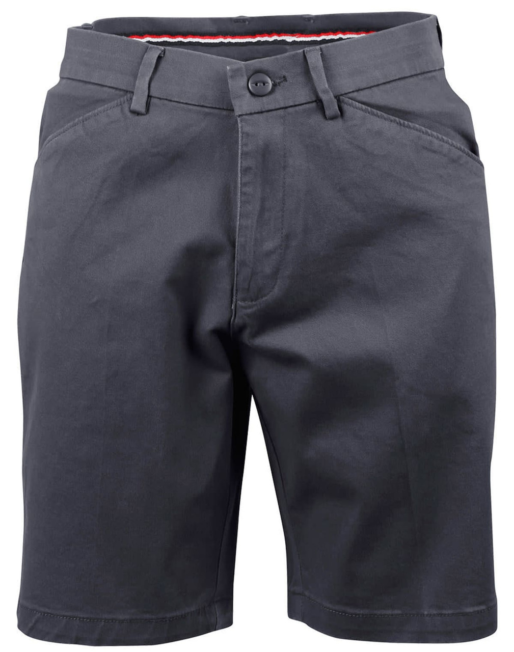 Ladies' stretch cotton chino shorts in black with a stylish waistband and front pockets, featuring a logo.