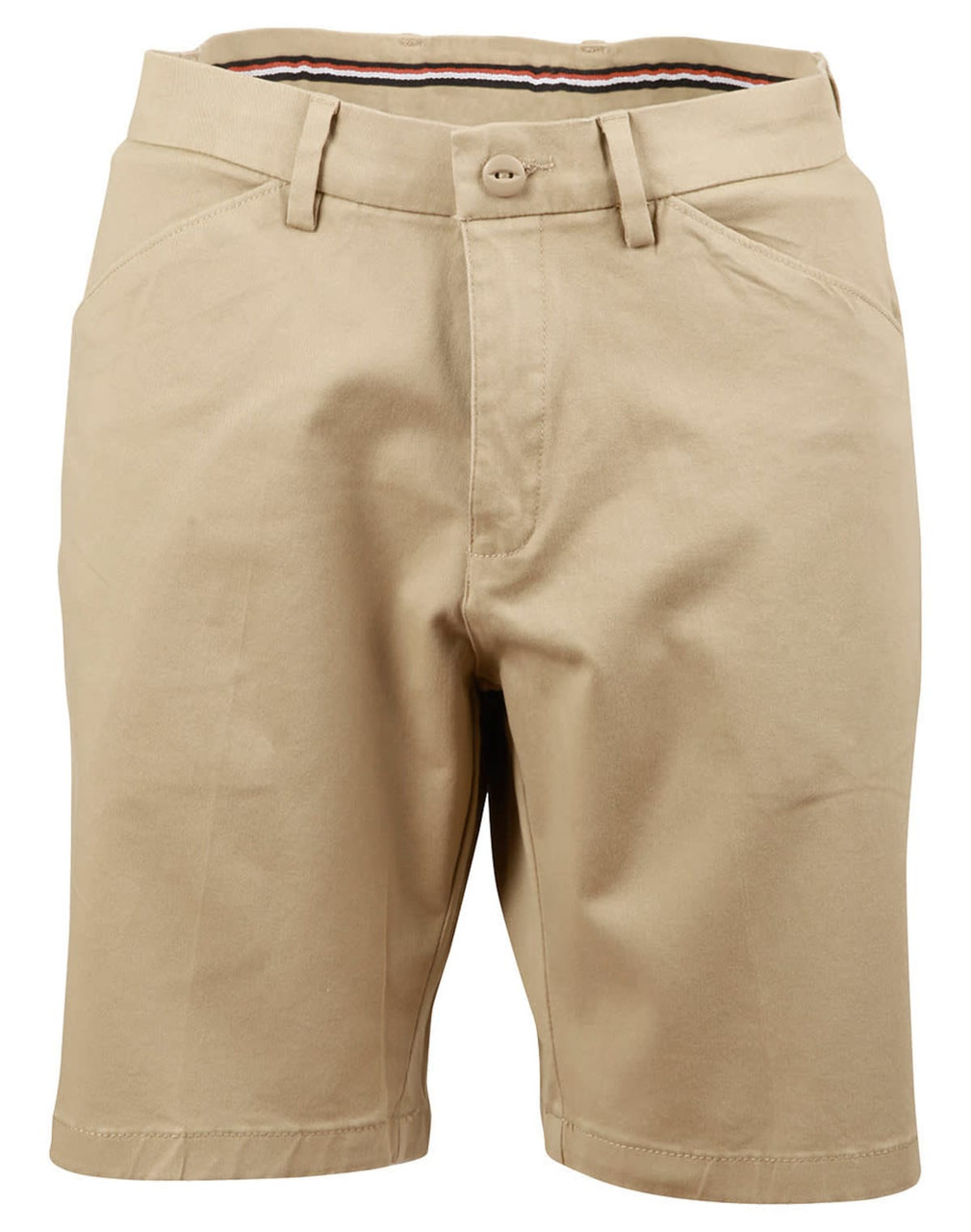 Ladies' stretch cotton chino shorts in a light beige colour, featuring a front button and pockets. Includes a logo tag.