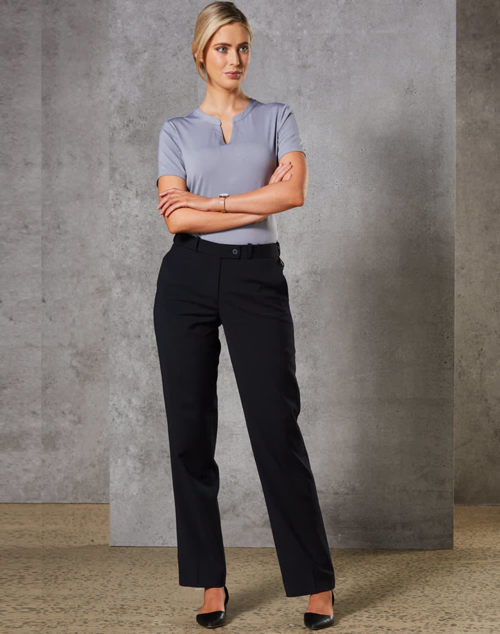 Women's slim leg pants in black wool stretch, featuring a flexi waist design, paired with a light grey top.