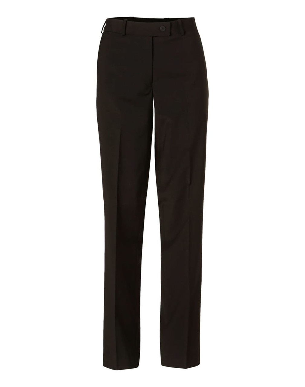 Women's slim leg flexi waist pants in black wool stretch, featuring a belt loop and a straight leg design.