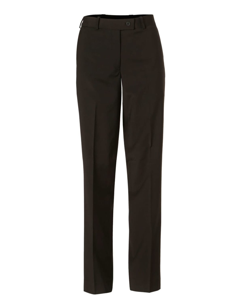 Women's slim leg pants in dark green wool stretch fabric, featuring a flexi waist and a standard waistband.