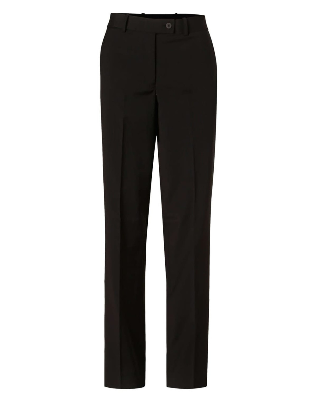 Women's slim leg pants in black wool stretch fabric with a flexi waist. Features a button closure and pockets.