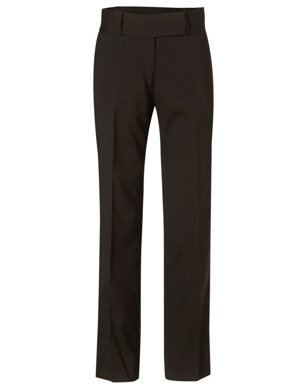 Women's low rise pants in dark green wool stretch, featuring a straight-leg design and a waistband.