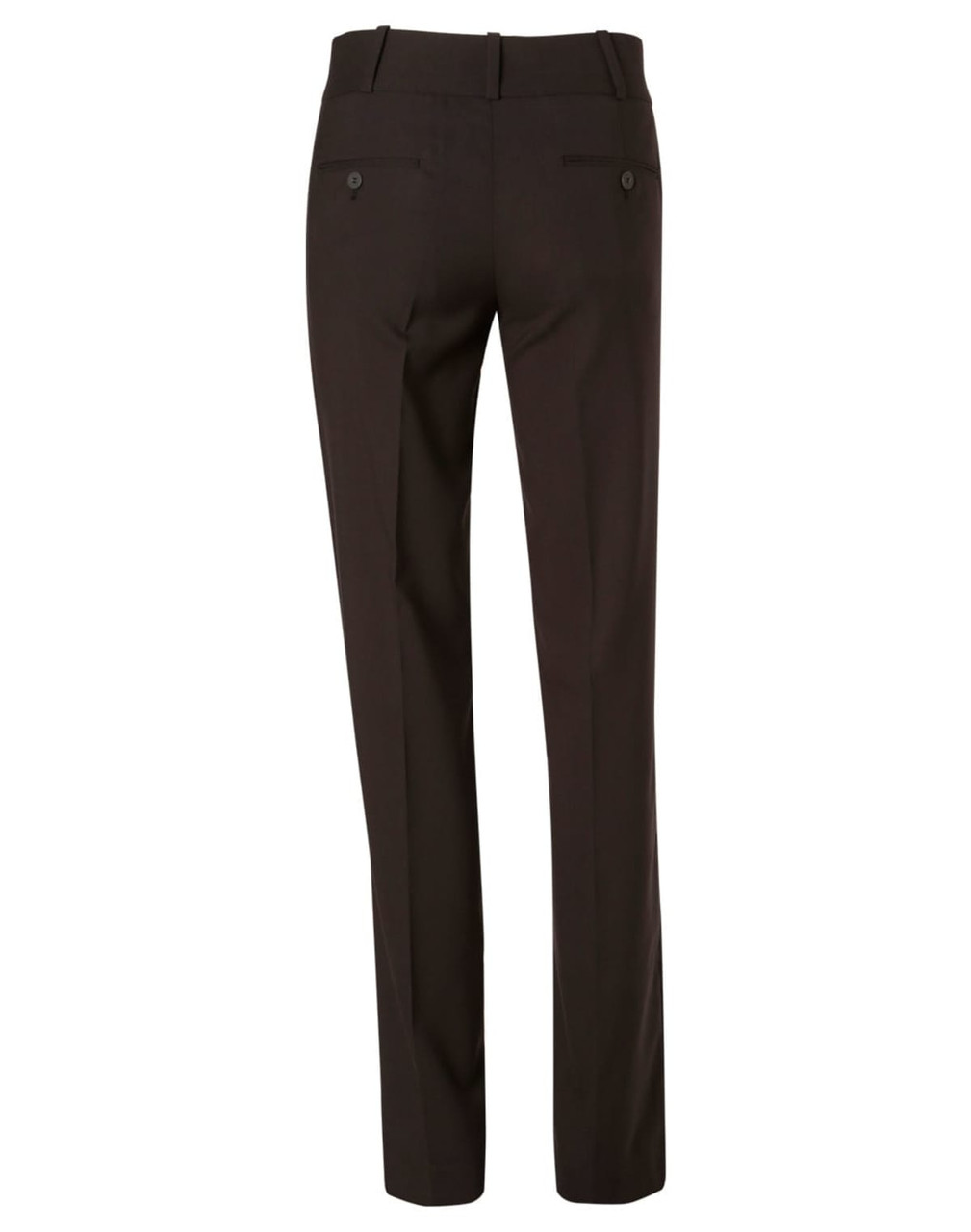 Women's low rise pants in dark brown poly/viscose stretch, featuring a tailored design with back pockets and belt loops.