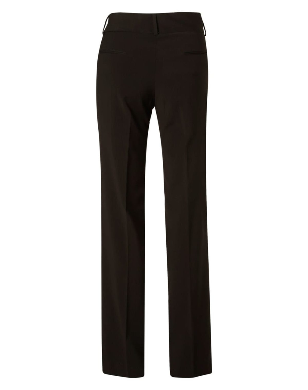 Women's low rise slacks in black poly/viscose stretch with a straight leg design. Features pockets and a logo.